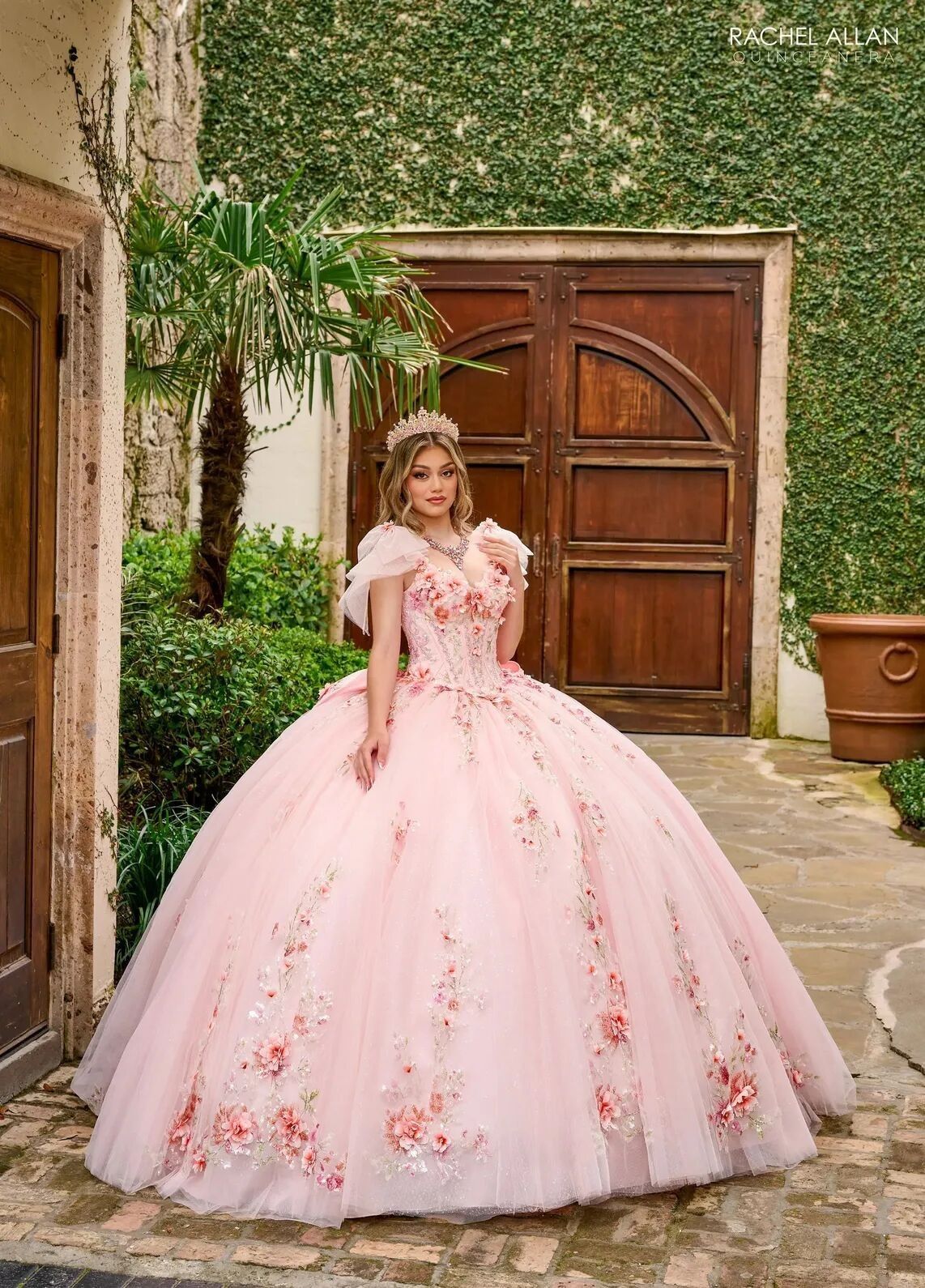 Blush Multi Sweetheart Floor Length Tulle Quinceanera Ball Gown with Floral Applique Rachel Allan RQ3132
