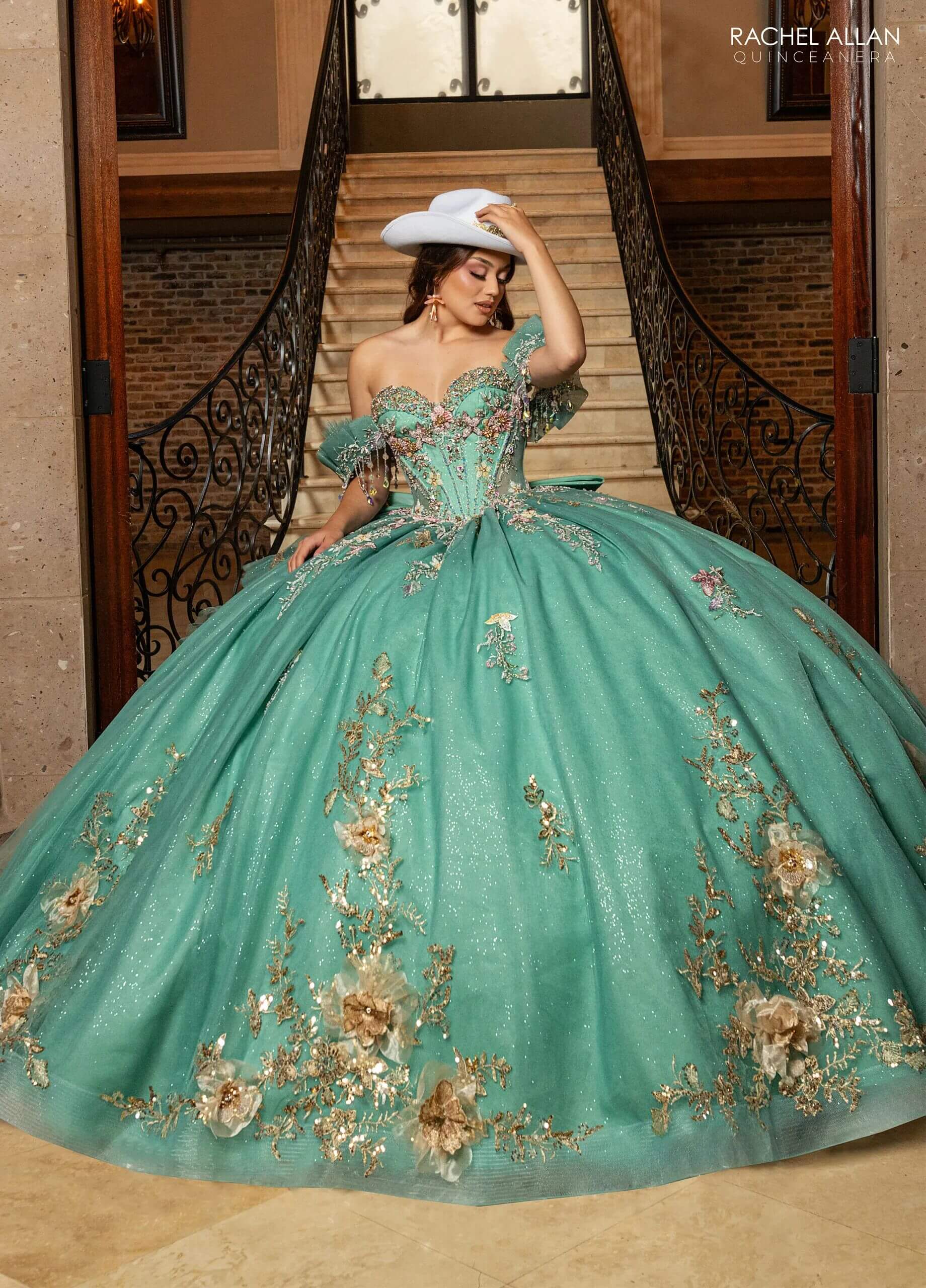Light Jade Multi Sweetheart Floor-Length Glitter Tulle Quinceañera Gown with Detachable Train and Bow Rachel Allan RQ3174