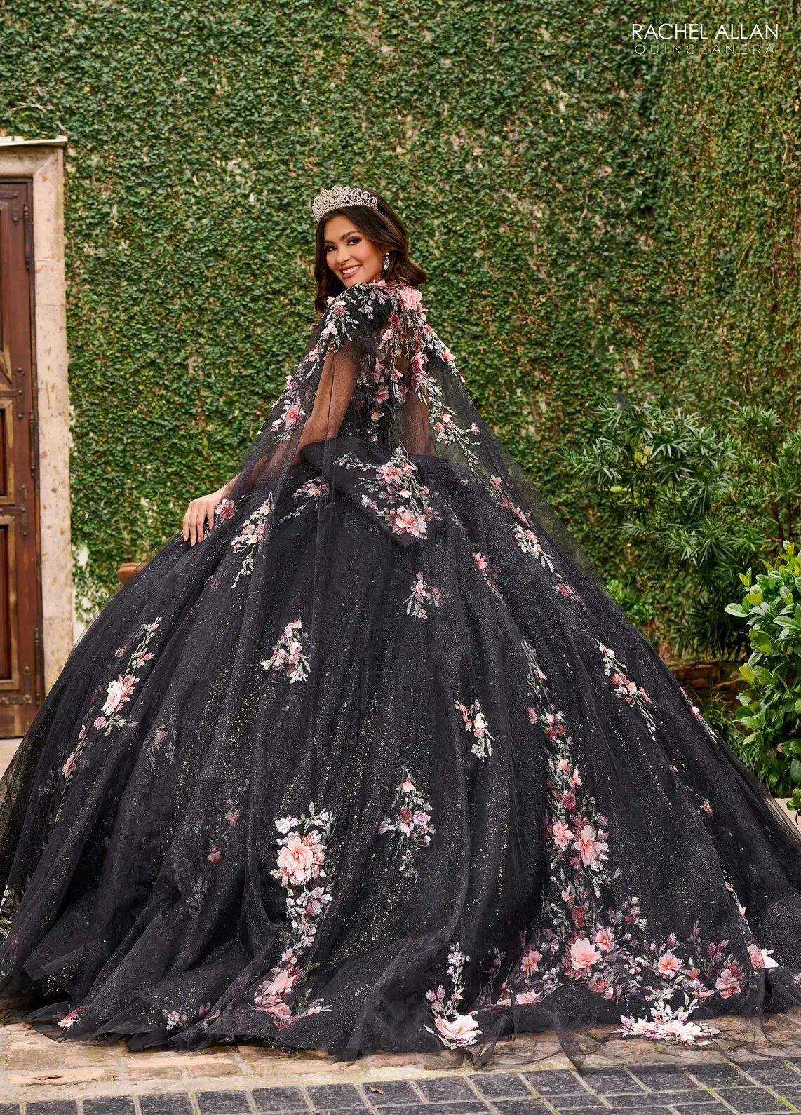 Black Multi Sweetheart Floor Length Tulle Quinceanera Ball Gown with Floral Applique Rachel Allan RQ3132