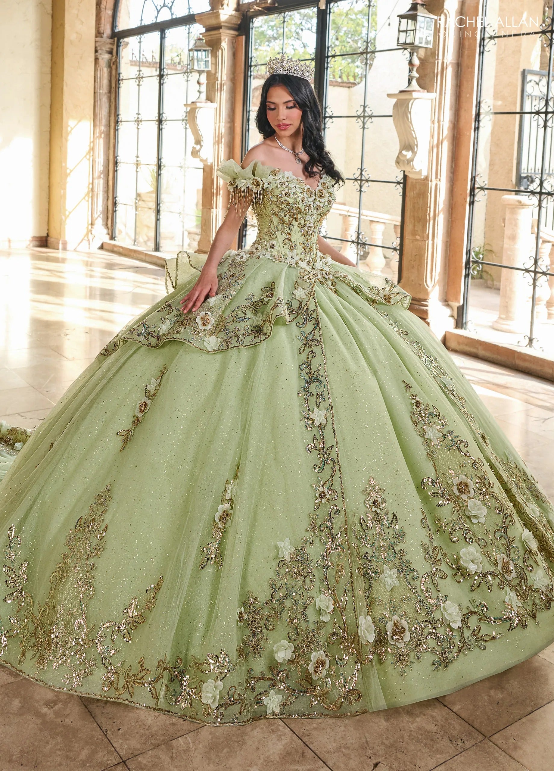 Sage Gold Sweetheart Floor Length Glitter Tulle Quinceanera Ball Gown Rachel Allan RQ3137