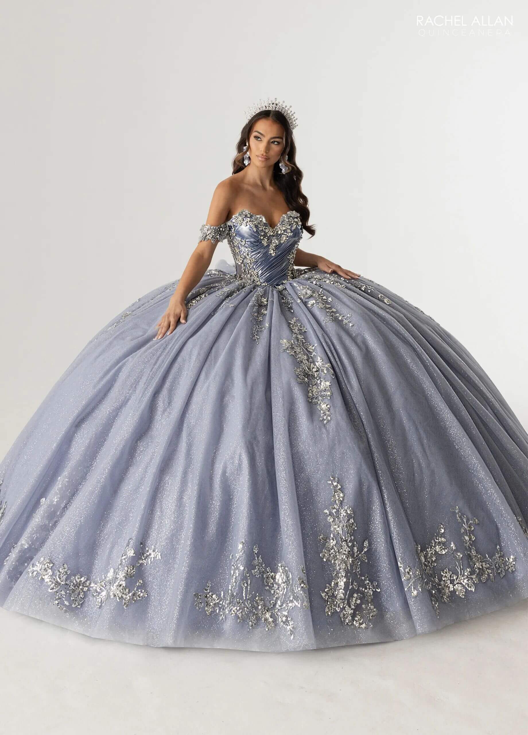 Slate Silver Off the Shoulder Floor Length Glitter Tulle Quinceanera Ball Gown Rachel Allan RQ3178