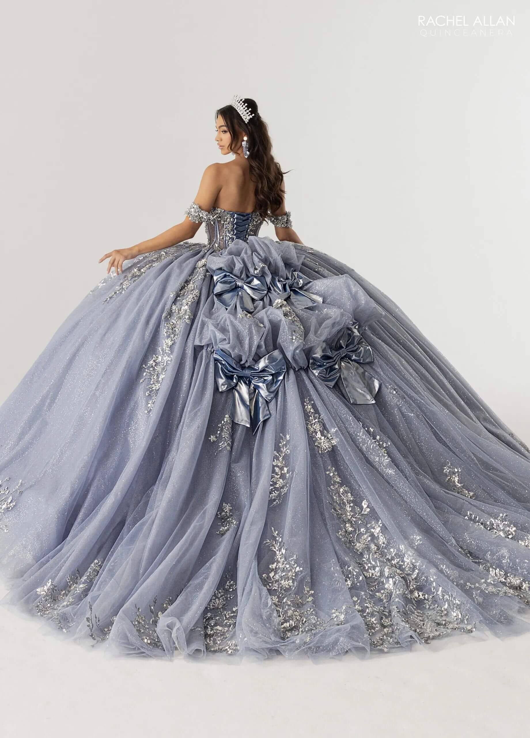 Slate Silver Off the Shoulder Floor Length Glitter Tulle Quinceanera Ball Gown Rachel Allan RQ3178