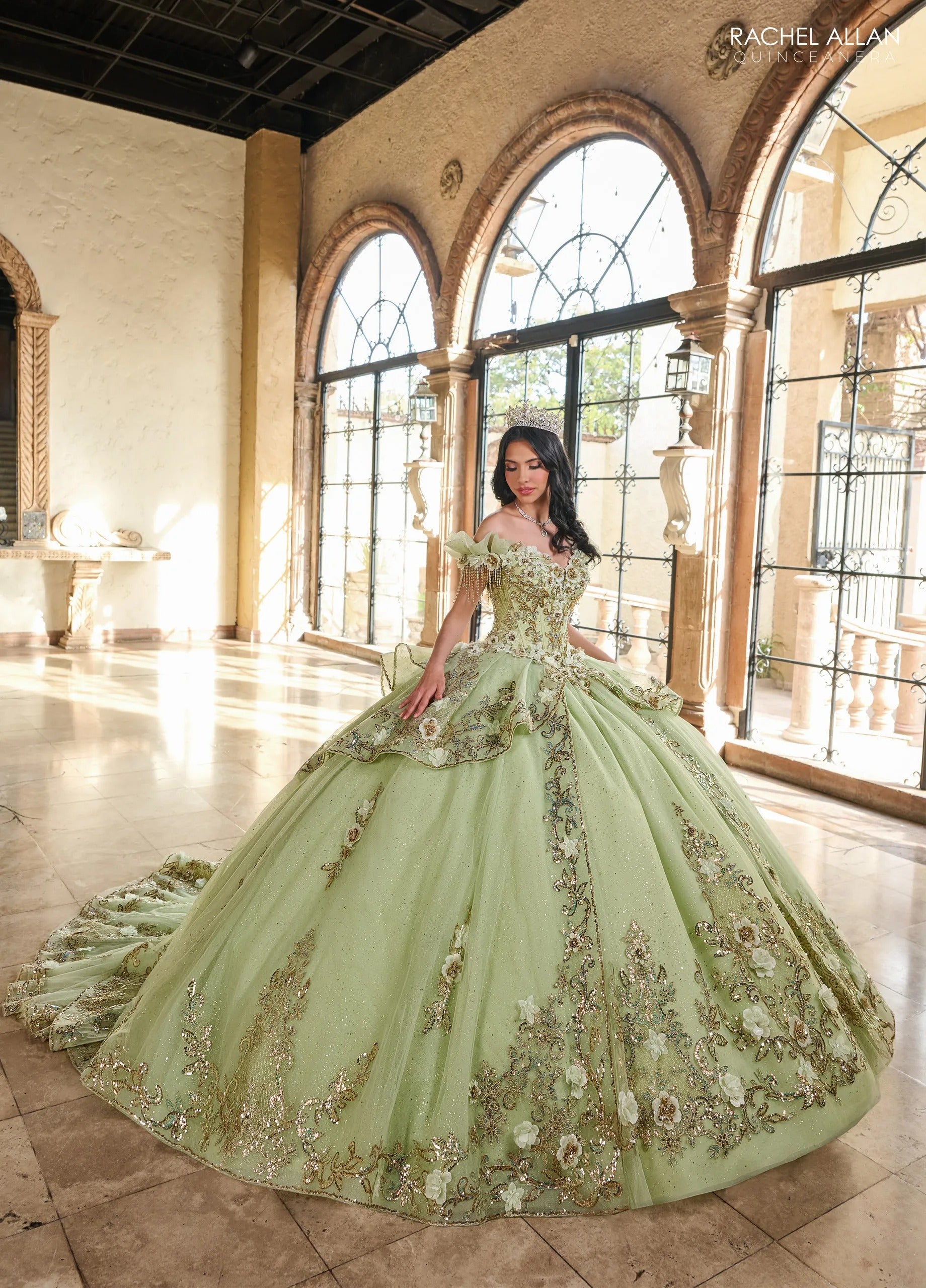 Sage Gold Sweetheart Floor Length Glitter Tulle Quinceanera Ball Gown Rachel Allan RQ3137