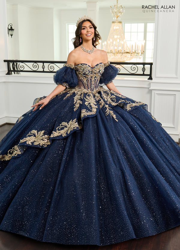 Rachel Allan RQ3153 Puff Sleeve Quinceanera Dress | FormalDressShops 12 / Navy Gold Rachel Allan RQ3153 Puff Sleeve Quinceanera Dress | FormalDressShops 12 / Navy Gold