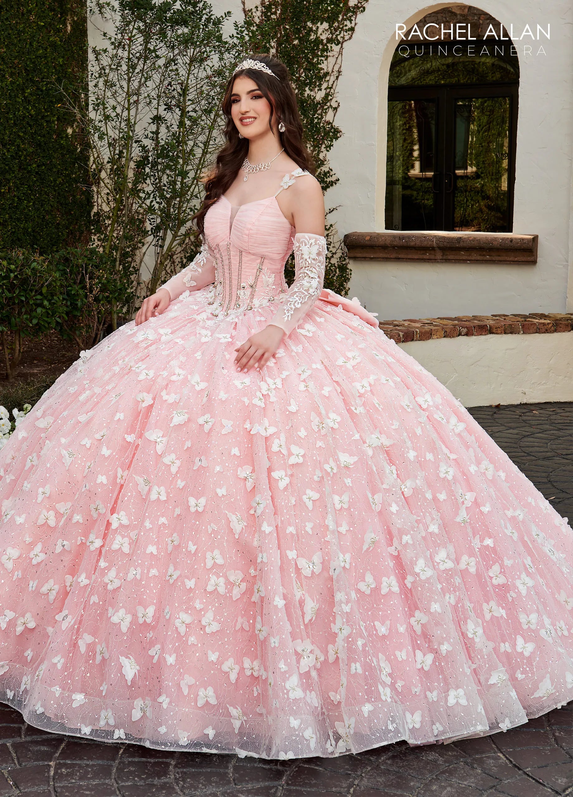 Pink Scoop Floor Length Tulle Quinceanera Ball Gown with 3D Butterfly Appliques Rachel Allan RQ3112
