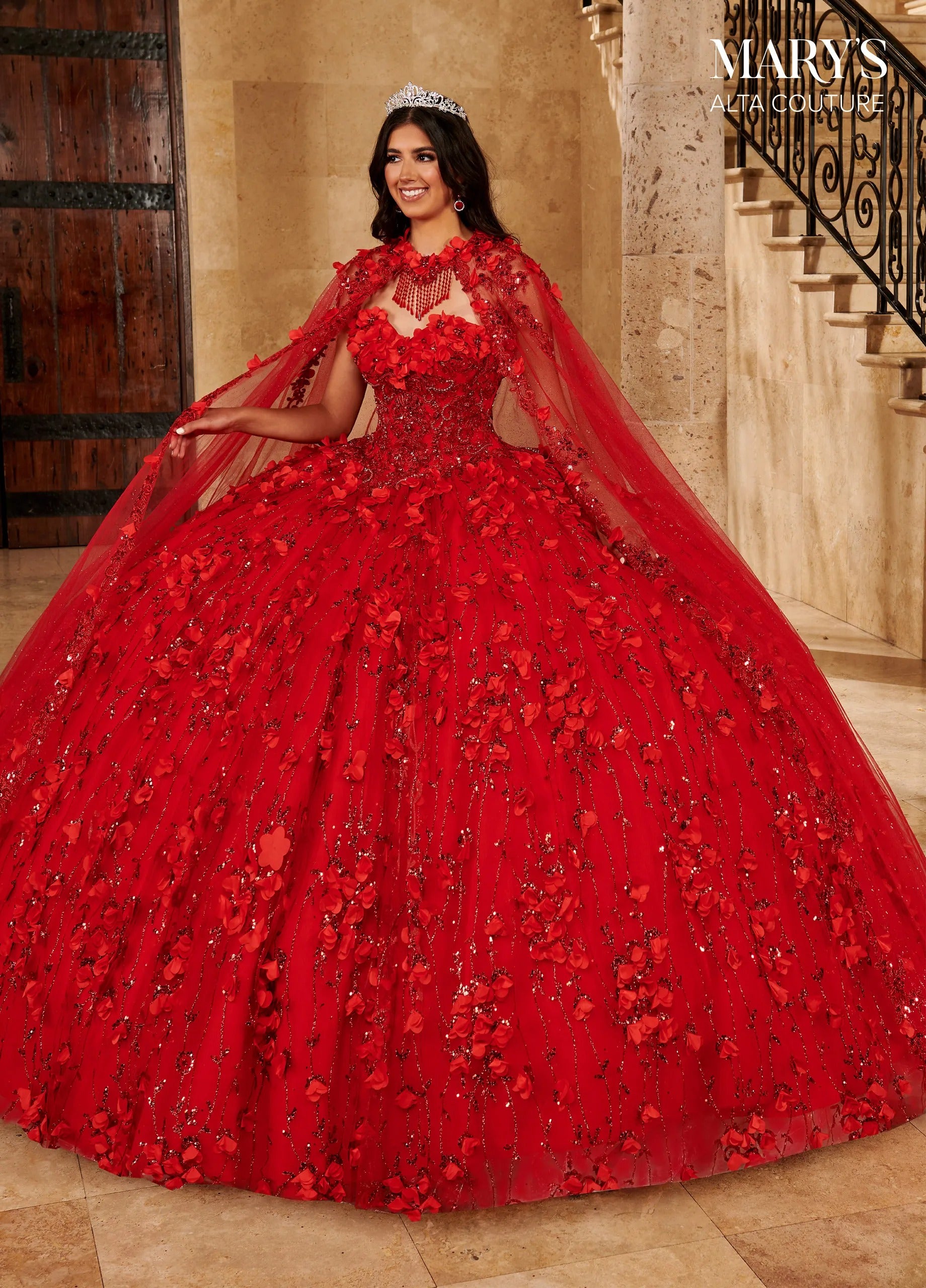 Red Strapless Floor-Length Glitter Tulle Quinceanera Ball Gown with Matching Cape Rachel Allan MQ3075 Rachel Allan MQ3075