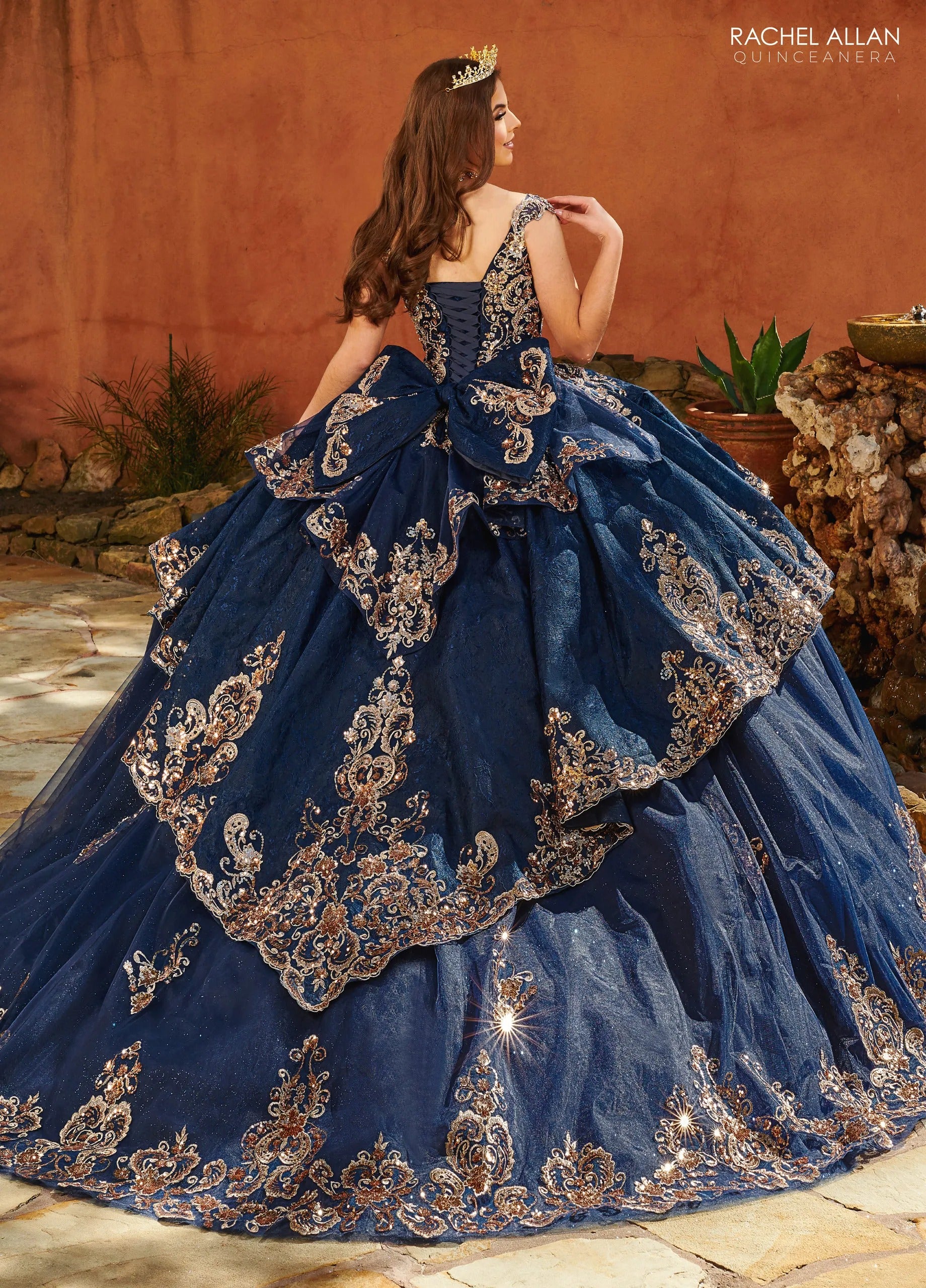 Navy Rose Gold Sweetheart Floor Length Glitter Tulle Quinceanera Ball Gown with Lace Skirt Overlay Rachel Allan MQ3093
