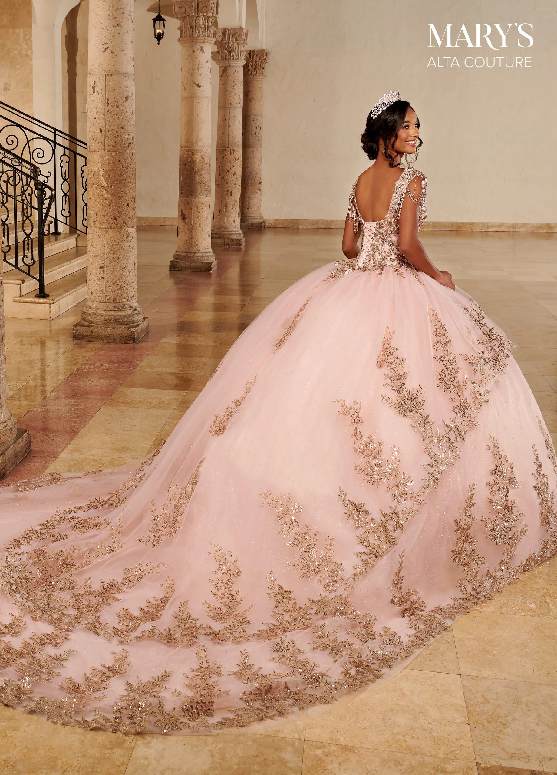 Blush Rose Gold Sweetheart Floor-Length Glitter Tulle Quinceanera Ball Gown with Matching Bolero Rachel Allan MQ3079