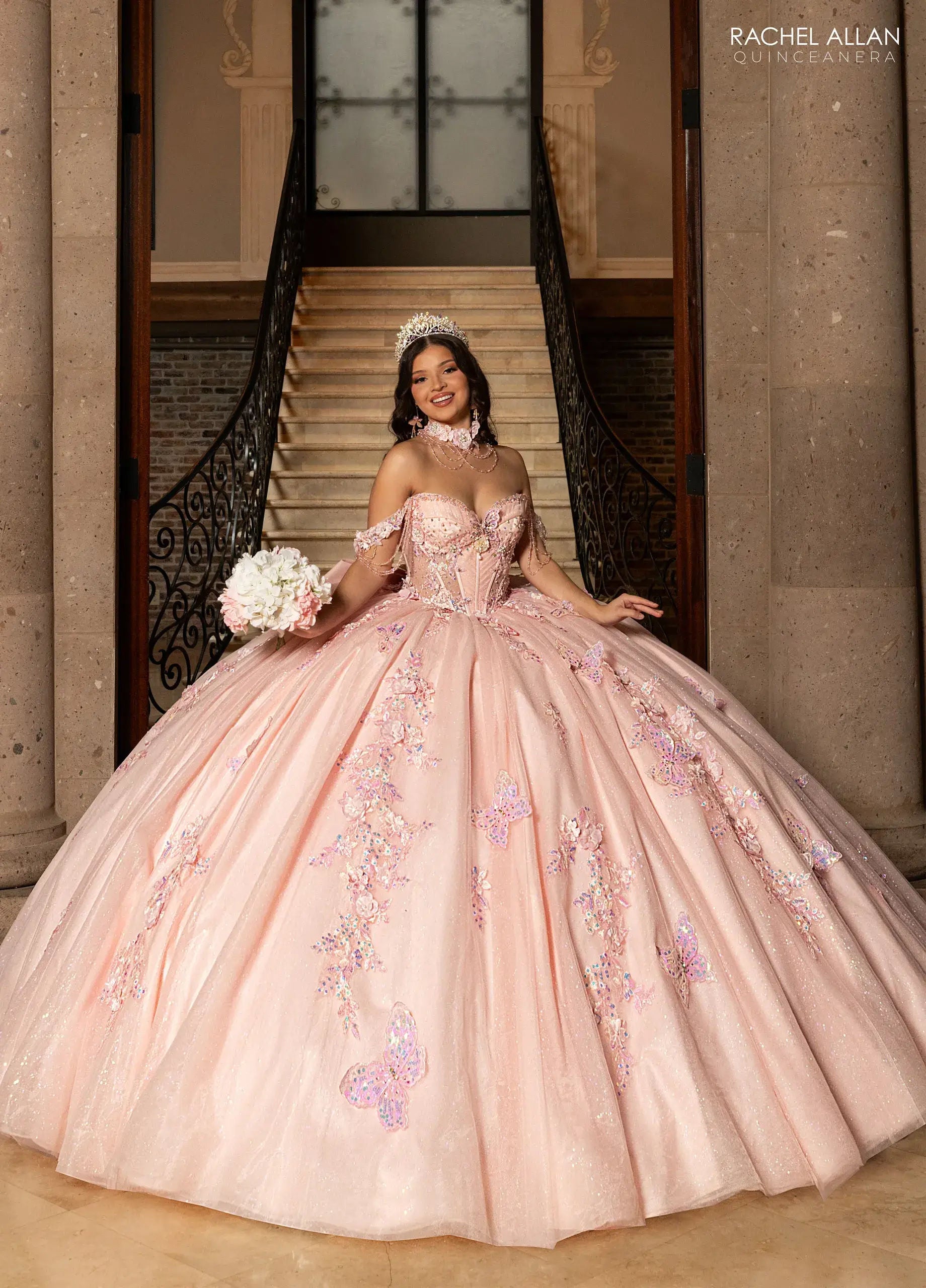 Blush Off-the-Shoulder Floor-Length Tulle Gown with Corset Bodice Quinceañera Gown Rachel Allan RQ3176