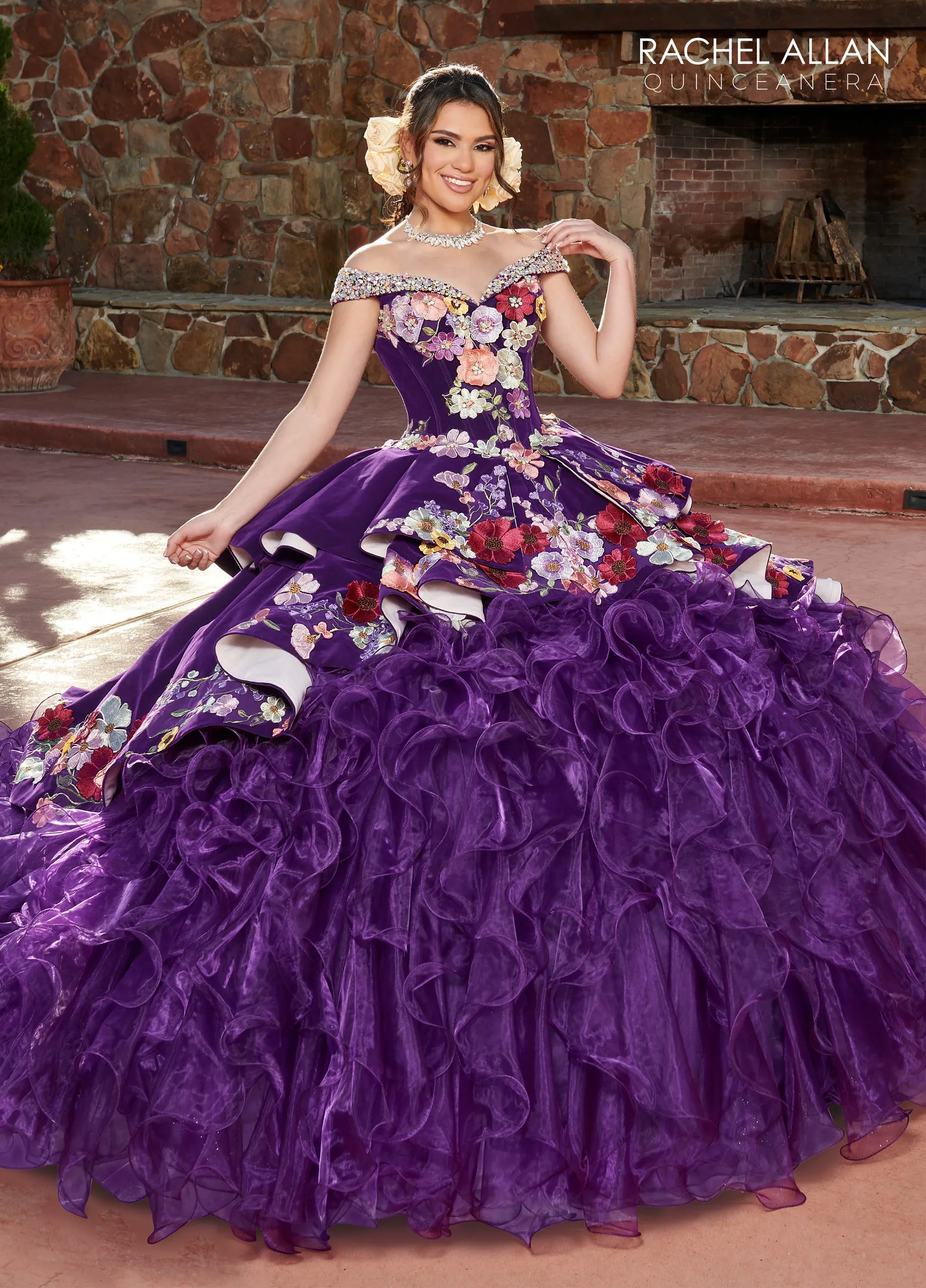 Purple Multi Off-the-Shoulder Floor-Length Velvet Organza Quinceanera Ball Gown with Floral Applique Rachel Allan RQ3111