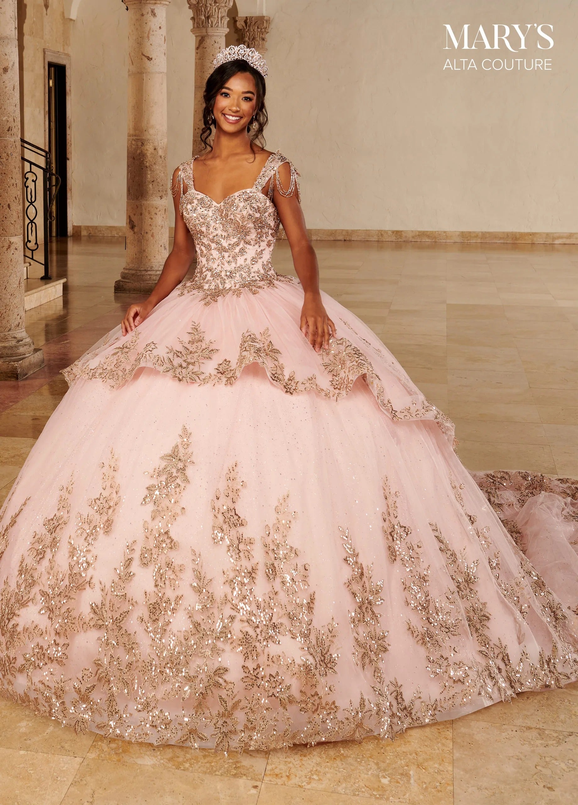 Blush Rose Gold Sweetheart Floor-Length Glitter Tulle Quinceanera Ball Gown with Matching Bolero Rachel Allan MQ3079