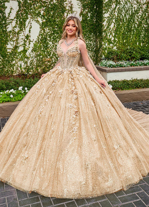 Sweetheart Floor Length Sequin Tulle Quinceanera Ball Gown with Floral Applique Rachel Allan RQ3135