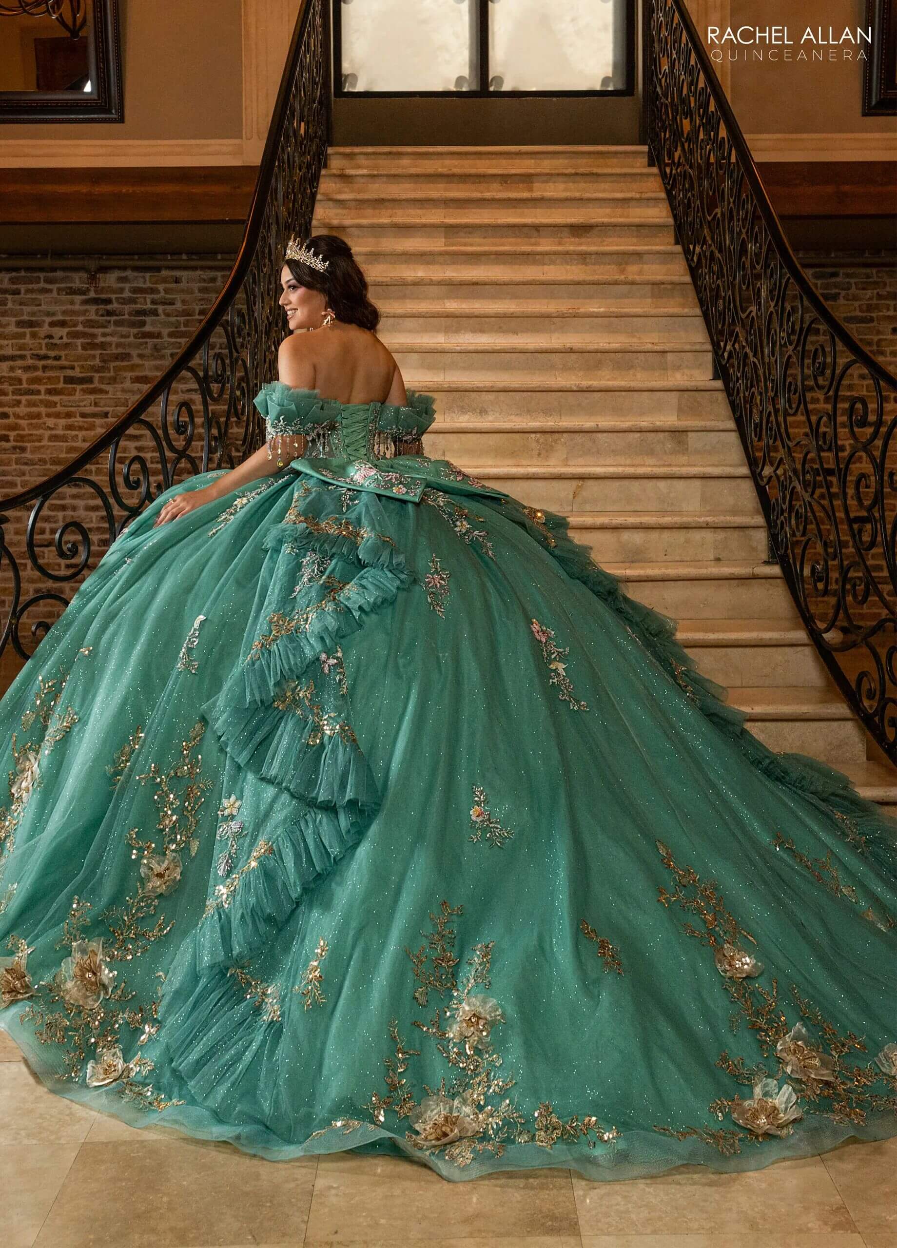 Light Jade Multi Sweetheart Floor-Length Glitter Tulle Quinceañera Gown with Detachable Train and Bow Rachel Allan RQ3174