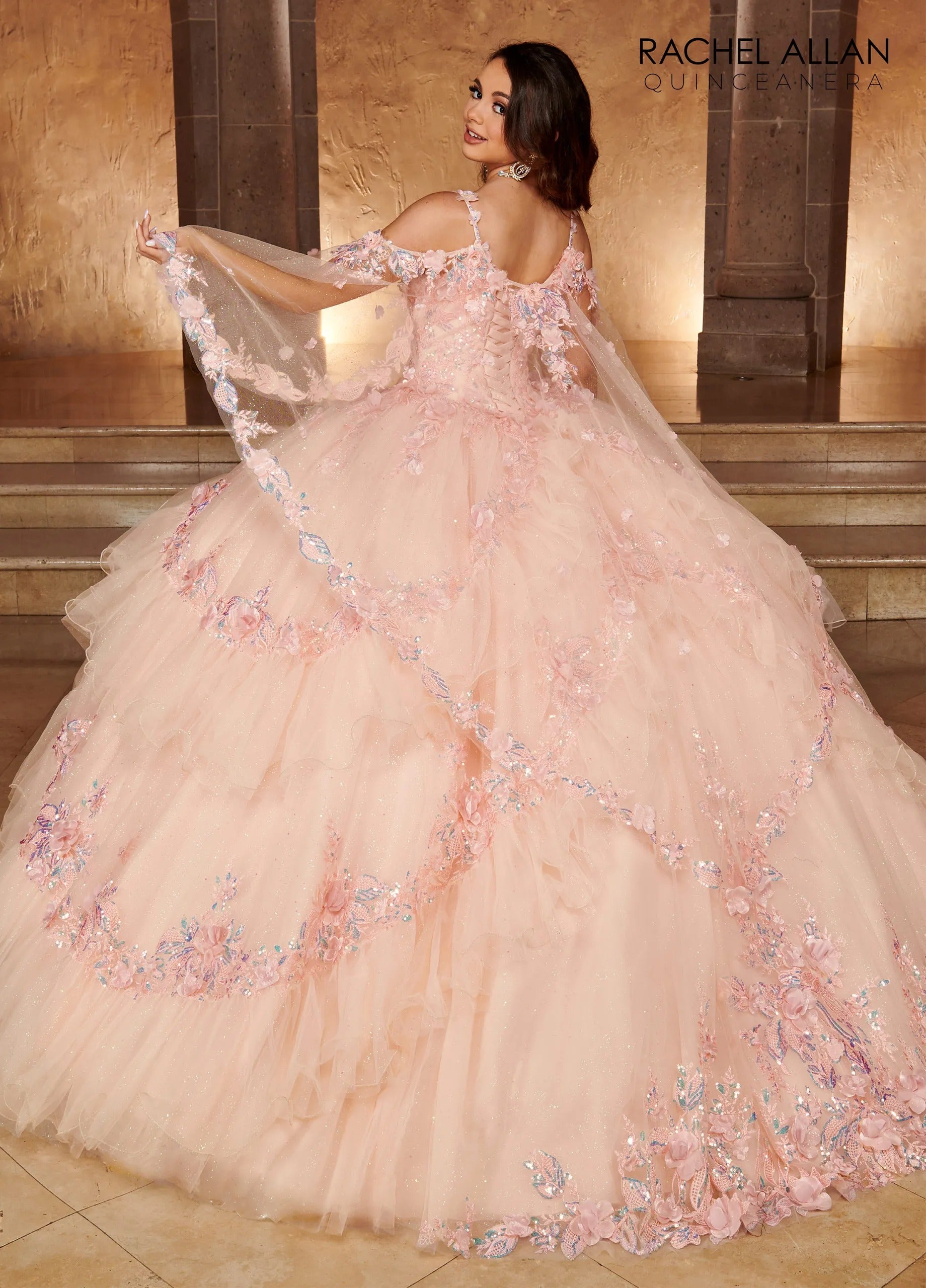 Blush Sweetheart Floor Length Glitter Tulle Quinceanera Ball Gown with Tiered Ruffle Skirt Rachel Allan RQ3103