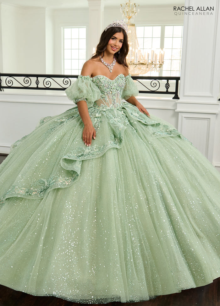 Quinceniera Dresses Long Ball Gown 3D Flower Glitter Quinceanera Dress Sage