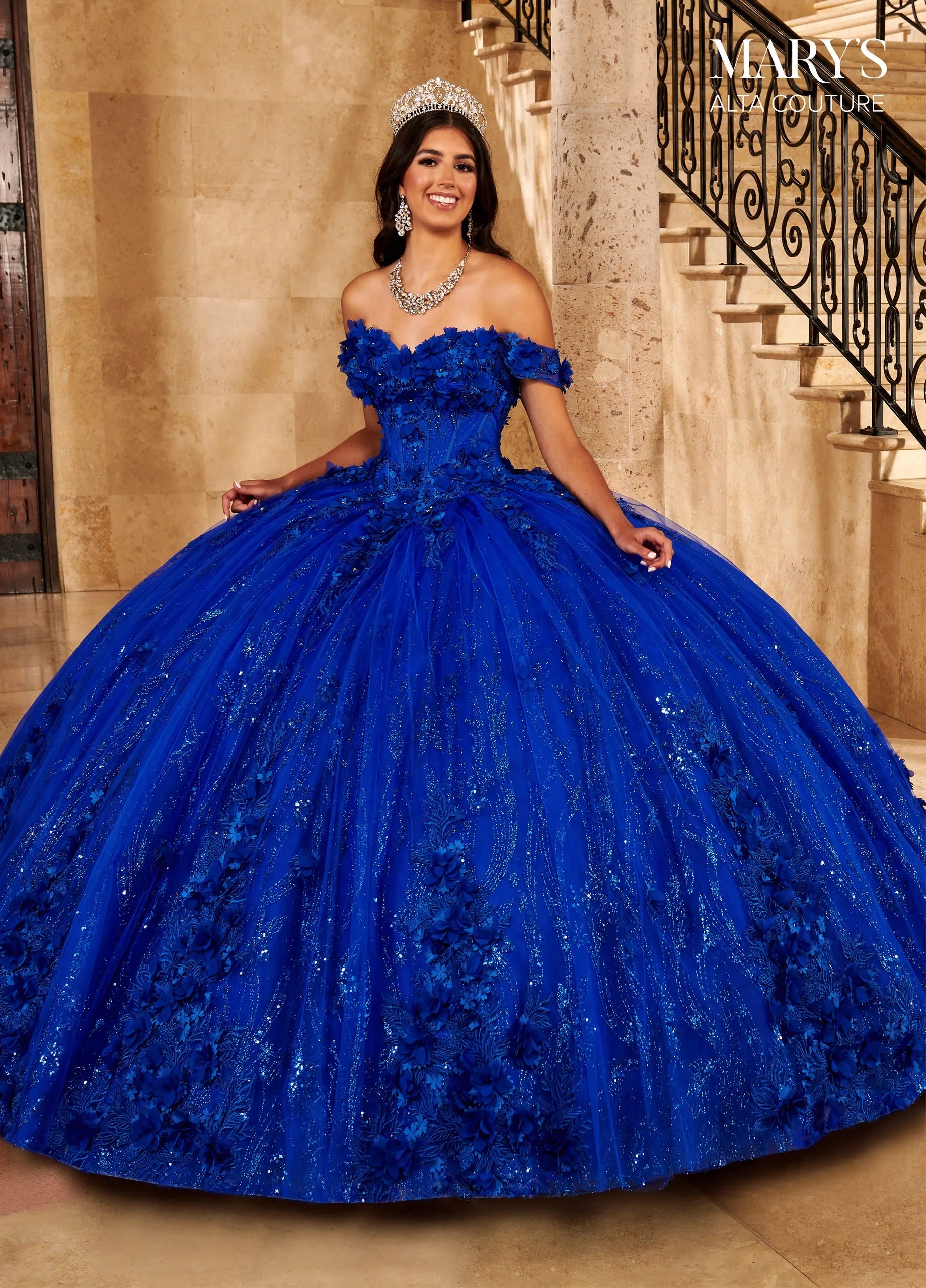 Royal Off-the-Shoulder Floor-Length Glitter Tulle Quinceanera Ball Gown with 3D Floral Applique Rachel Allan MQ3086