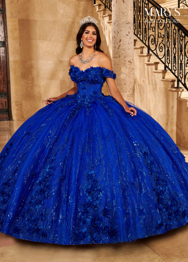Off-the-Shoulder Floor-Length Glitter Tulle Quinceanera Ball Gown with 3D Floral Applique Rachel Allan MQ3086