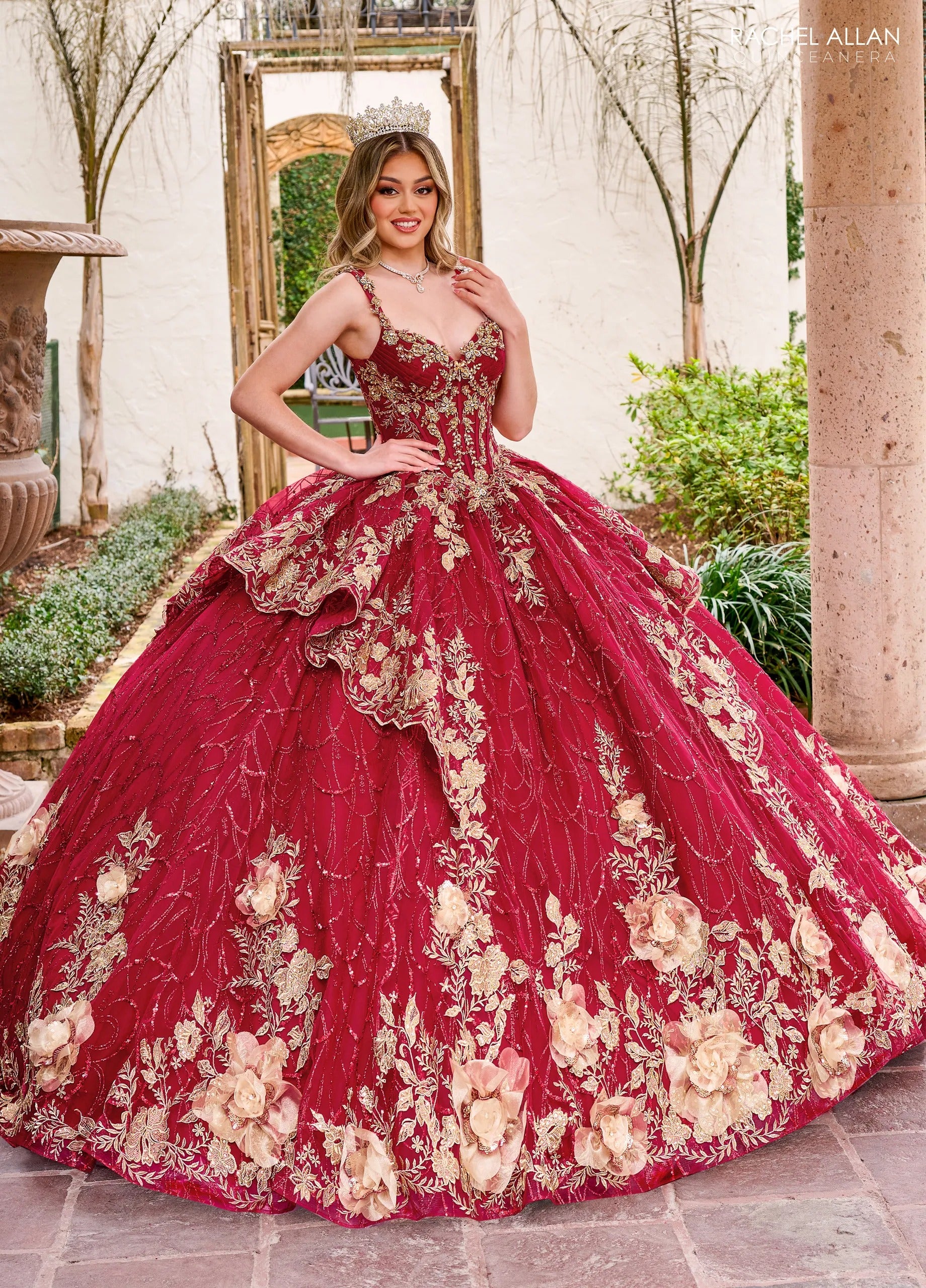 Burgundy Gold V Neck Floor Length Glitter Tulle Quinceanera Ball Gown with 3D Floral Applique Rachel Allan RQ3140