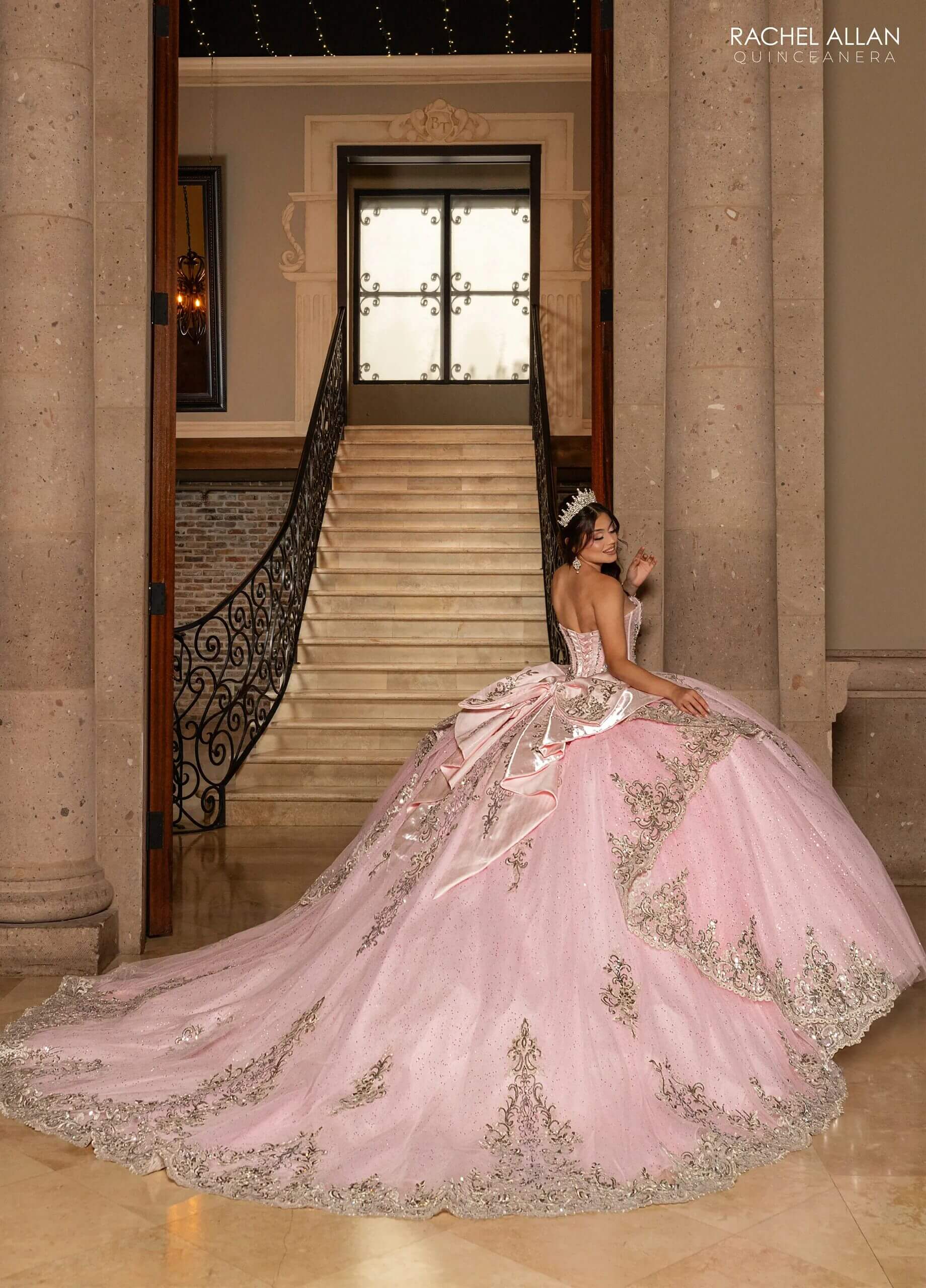 Pink Silver Strapless Floor-Length Glitter Tulle Quinceañera Gown with Detachable Train and Bow Rachel Allan RQ3172