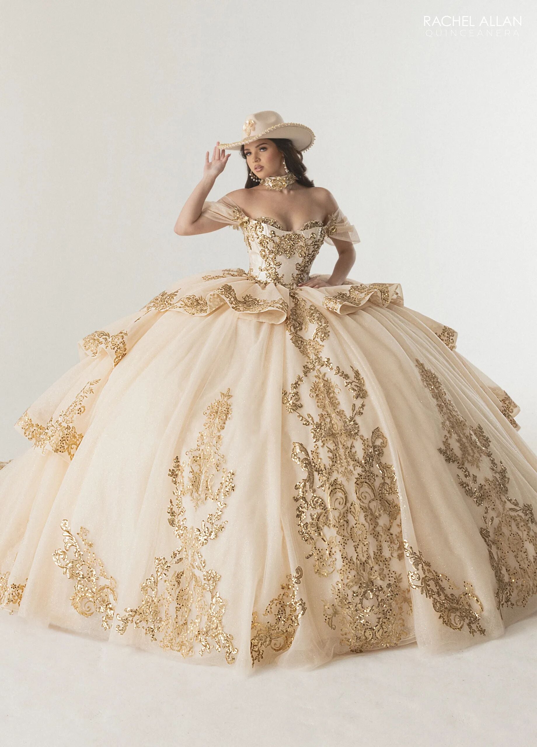 Champagne Gold Sweetheart Floor-Length Glitter Tulle Quinceañera Gown with Detachable Train Rachel Allan RQ3175