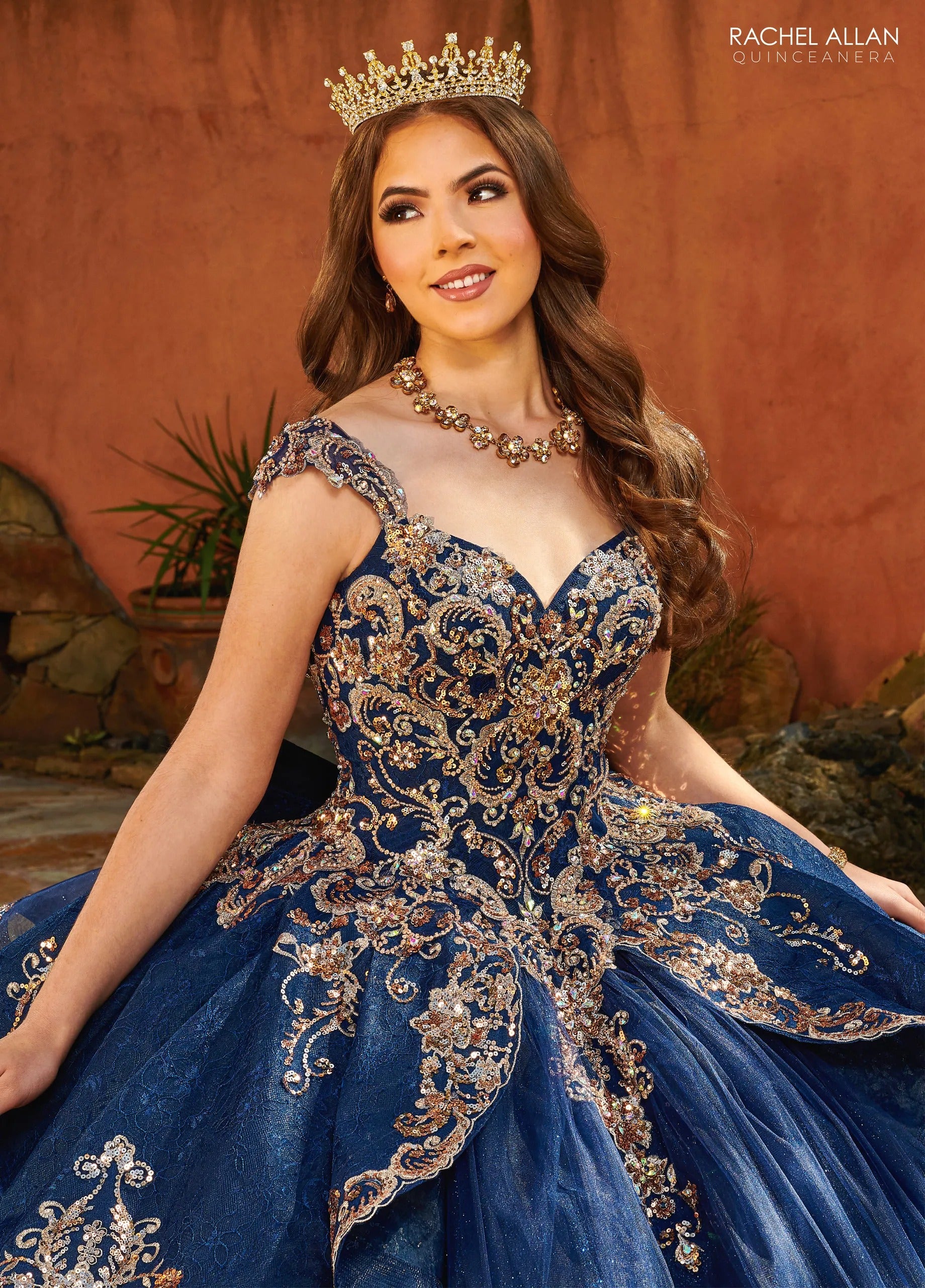 Navy Rose Gold Sweetheart Floor Length Glitter Tulle Quinceanera Ball Gown with Lace Skirt Overlay Rachel Allan MQ3093