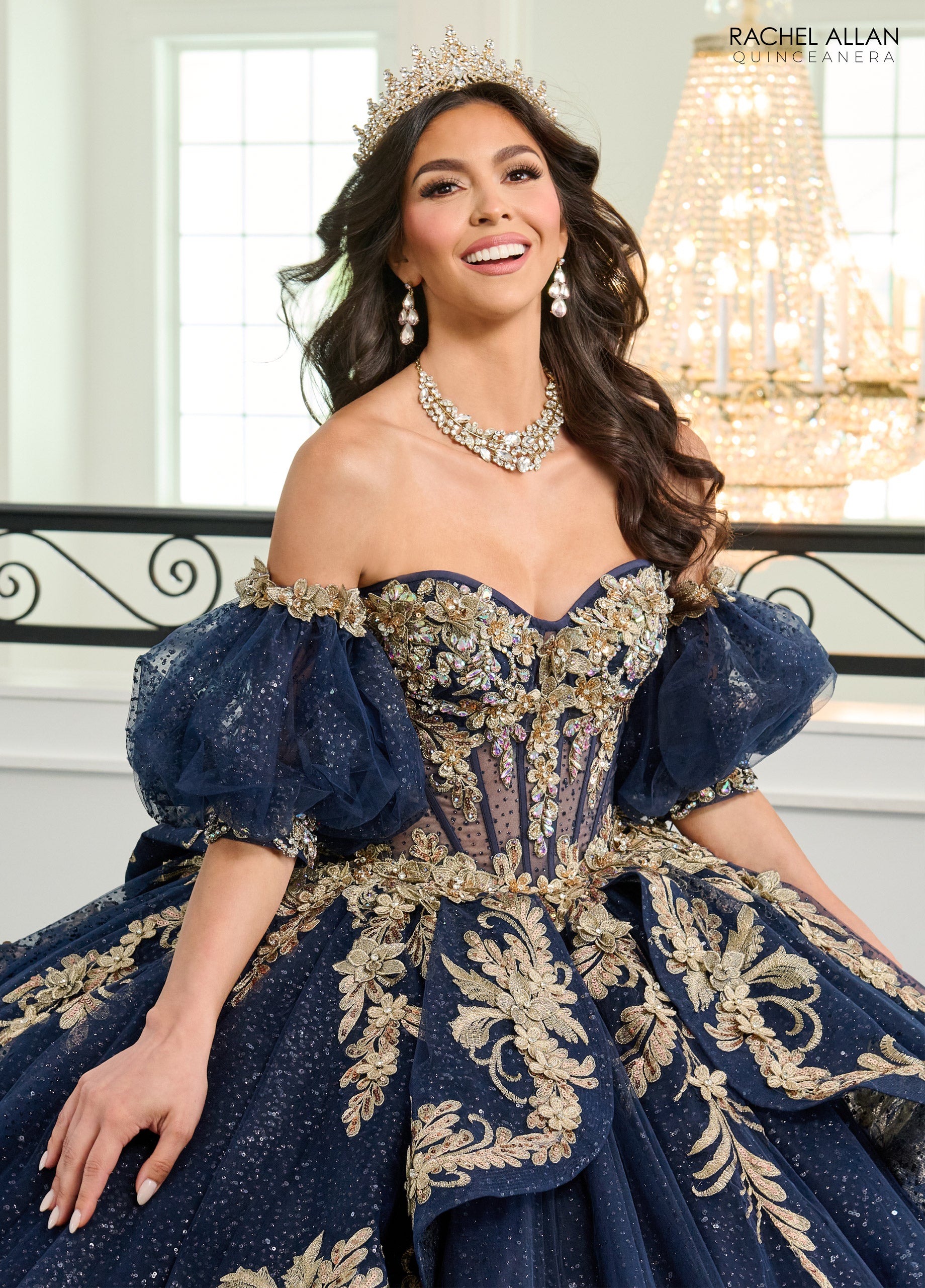 Quinceniera Dresses Long Ball Gown 3D Flower Glitter Quinceanera Dress Navy Gold