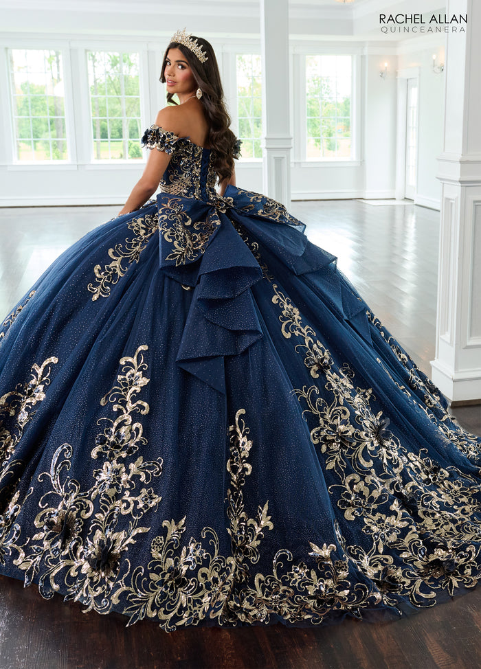 Quinceniera Dresses Long Ball Gown Beaded Quinceanera Dress Navy Gold