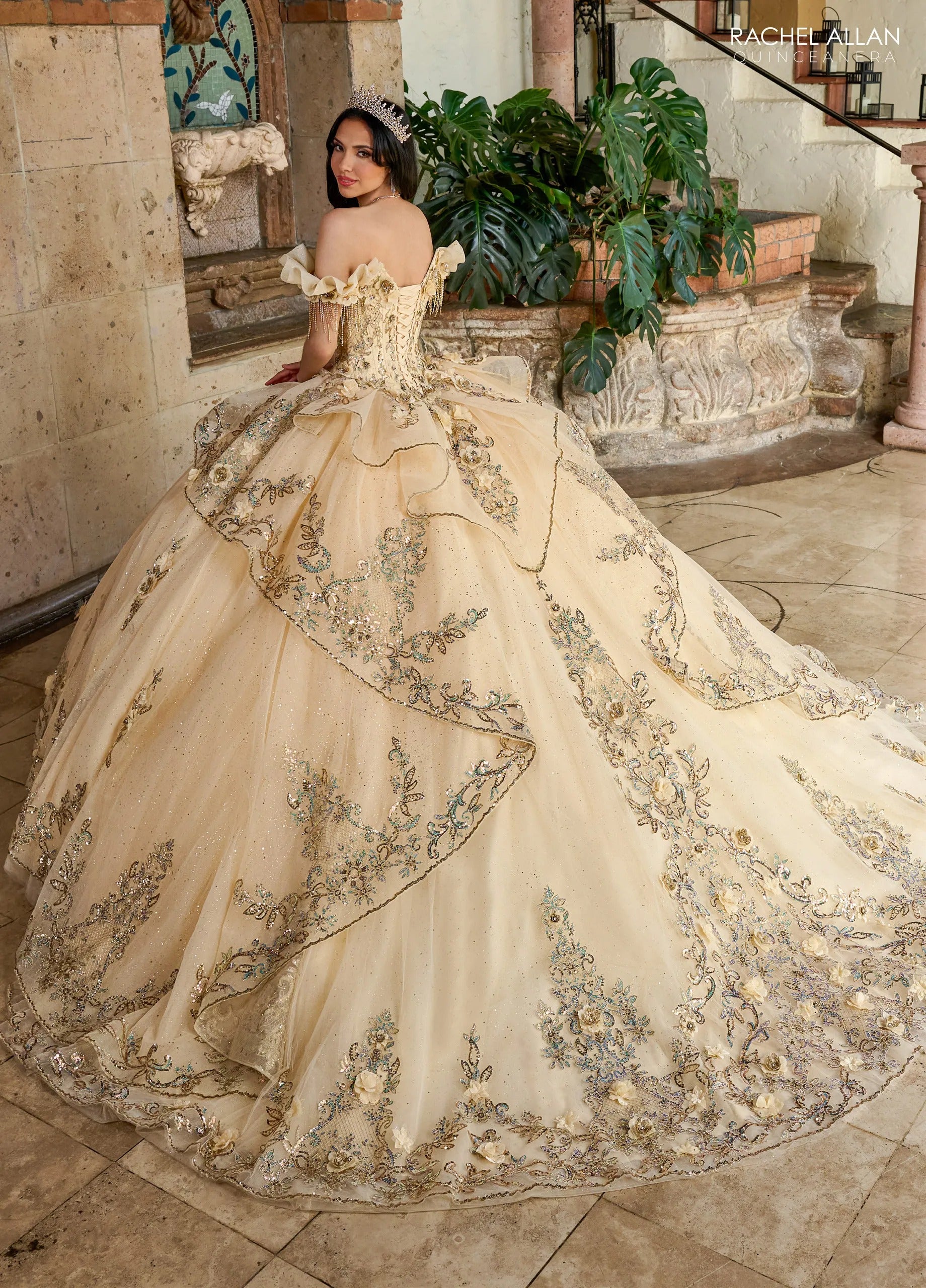 Champagne Gold Sweetheart Floor Length Glitter Tulle Quinceanera Ball Gown Rachel Allan RQ3137