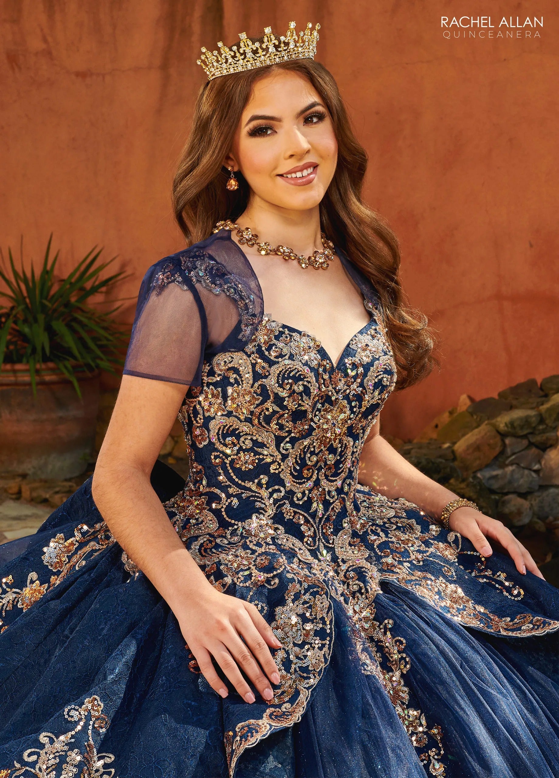 Navy Rose Gold Sweetheart Floor Length Glitter Tulle Quinceanera Ball Gown with Lace Skirt Overlay Rachel Allan MQ3093