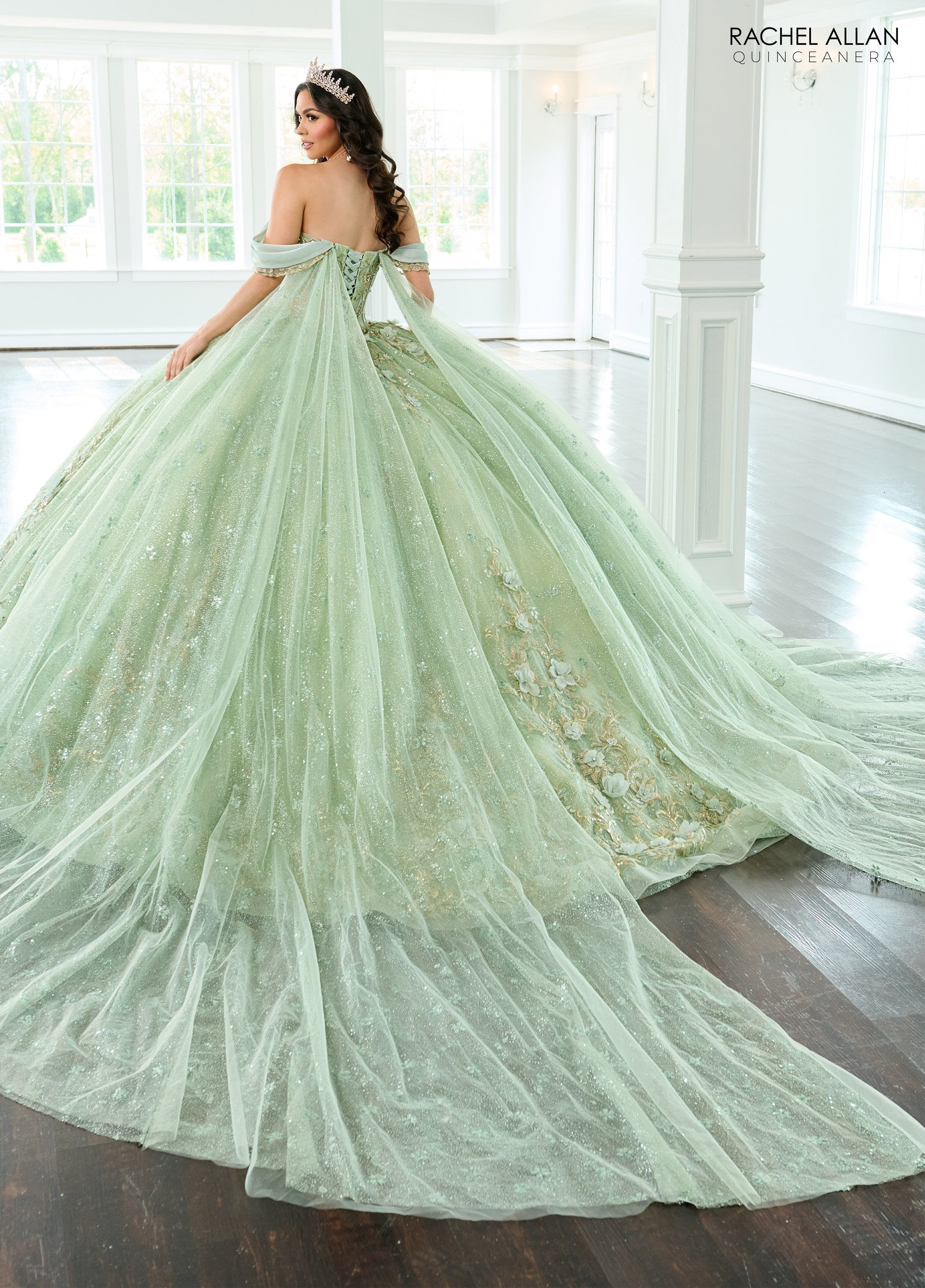 Rachel Allan RQ3146 Ball Gown Long Glitter Overskirt Quinceanera Dress - Champagne Gold / 4