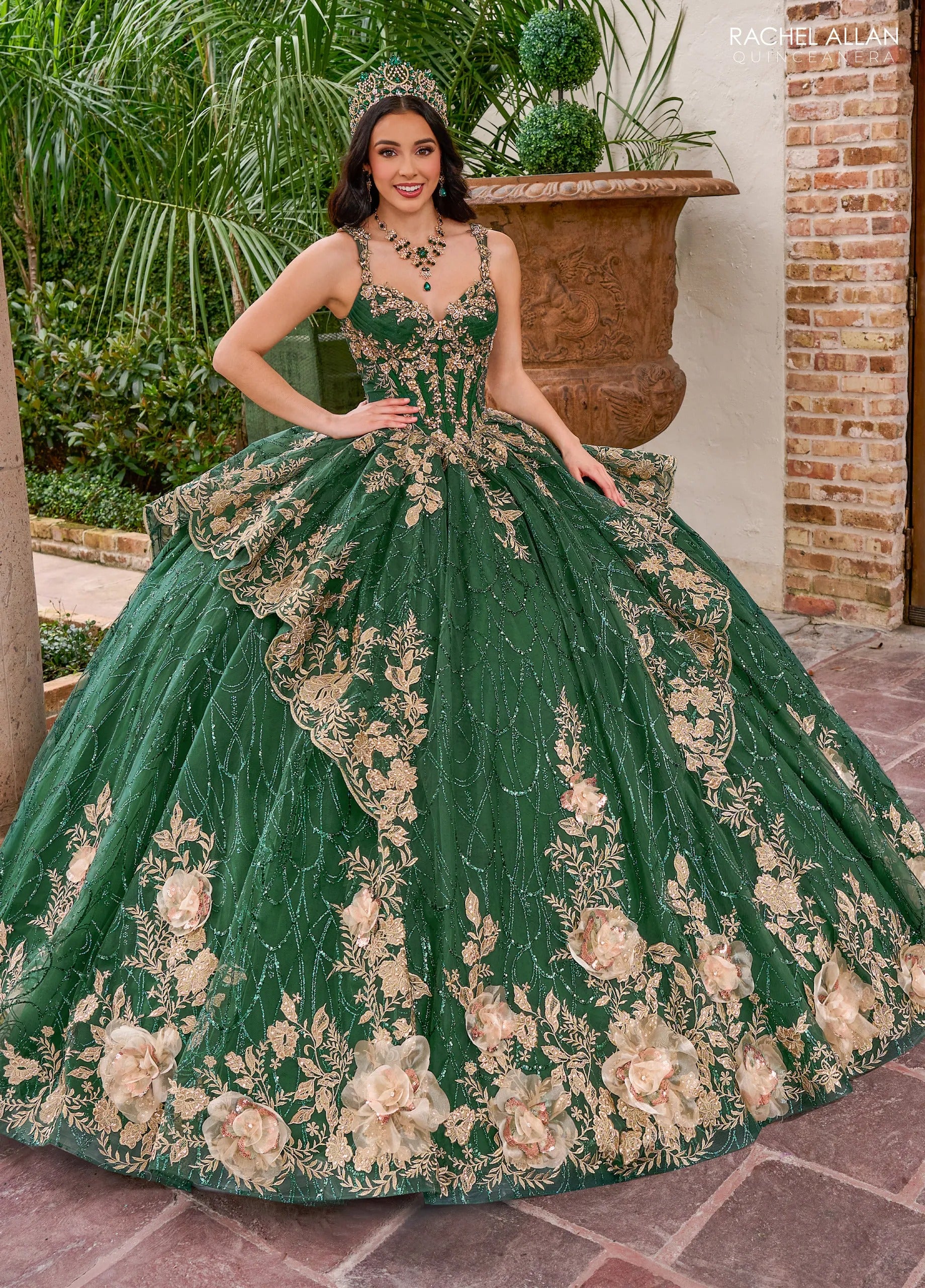 Emerald Gold V Neck Floor Length Glitter Tulle Quinceanera Ball Gown with 3D Floral Applique Rachel Allan RQ3140