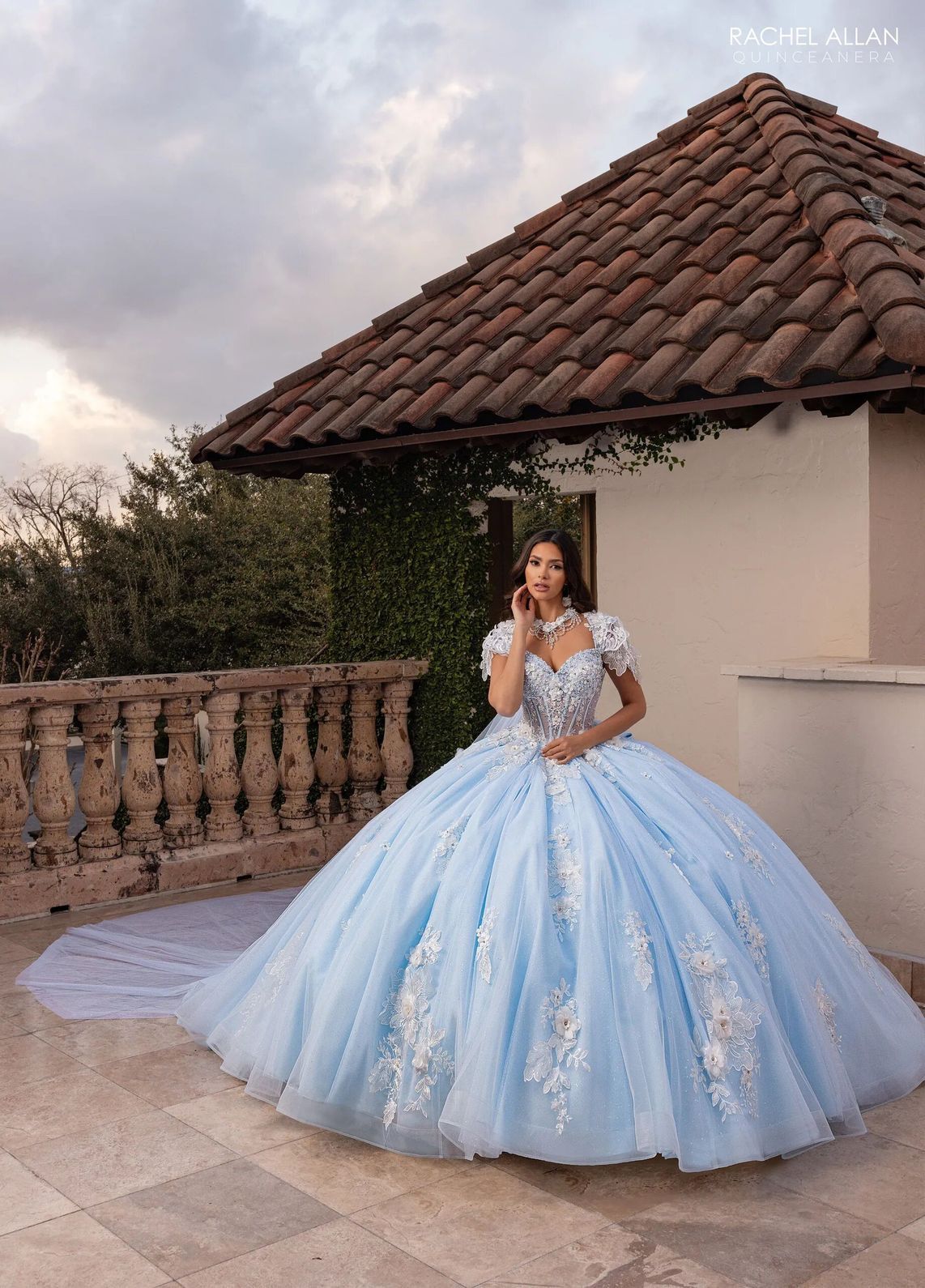 Powder Blue White Sweetheart Floor Length Glitter Tulle Quinceanera Ball Gown with Floral Applique Rachel Allan RQ3156