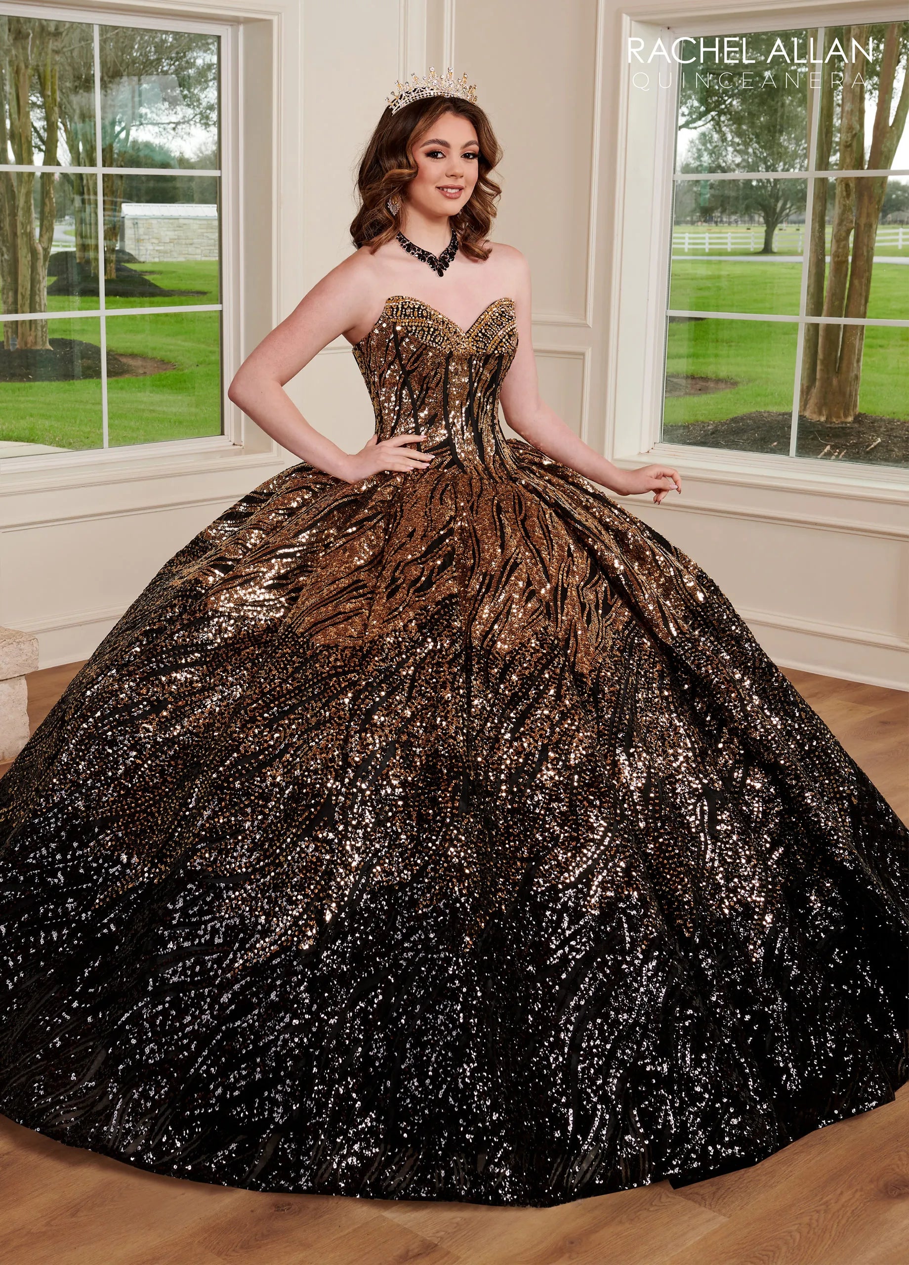 Gold Black Strapless Floor-Length Sequin Tulle Quinceañera Ball Gown with Beaded Flowers Rachel Allan RQ3121