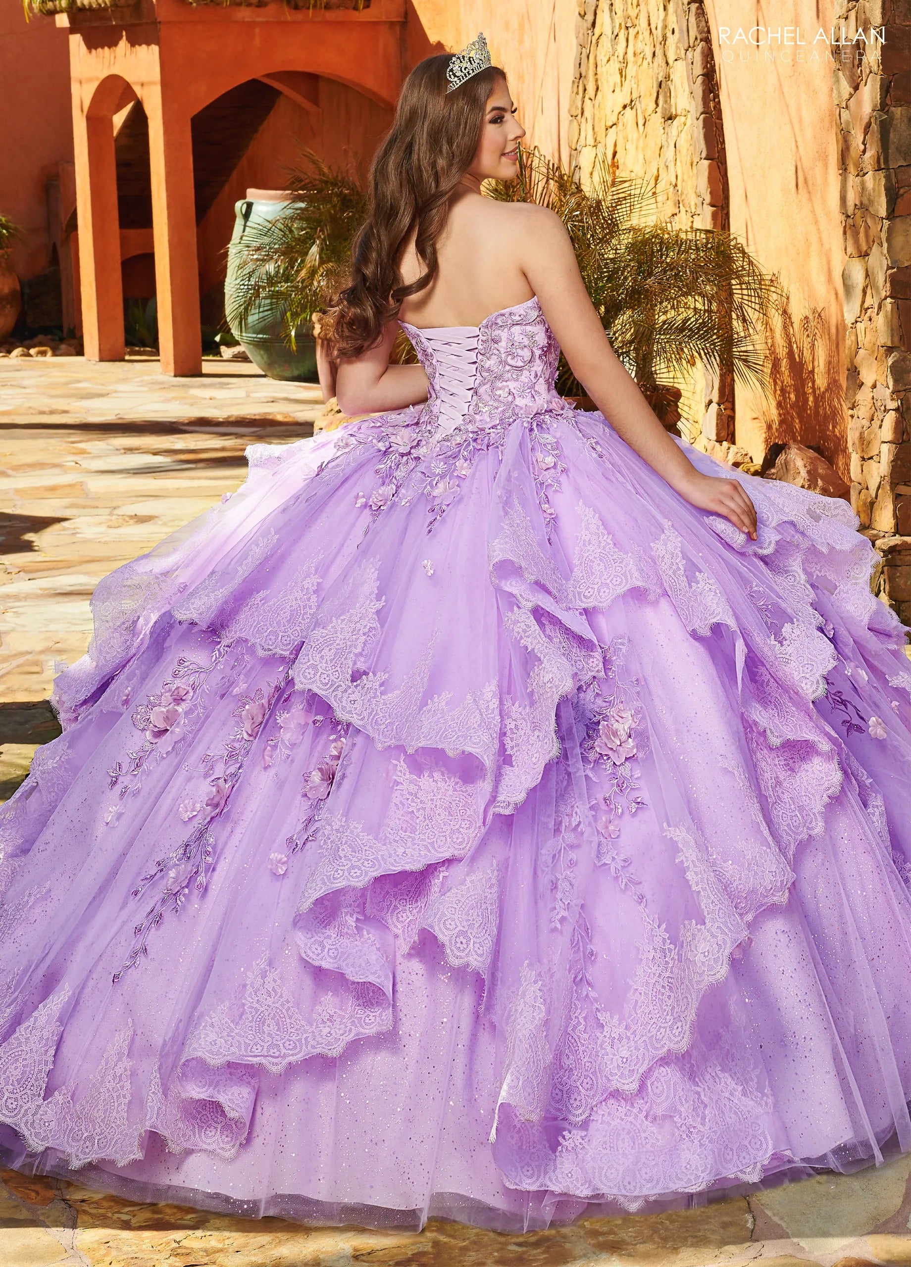 Lilac Sweetheart Floor Length Glitter Tulle Quinceanera Ball Gown with Ruffle Skirt  Rachel Allan MQ3088