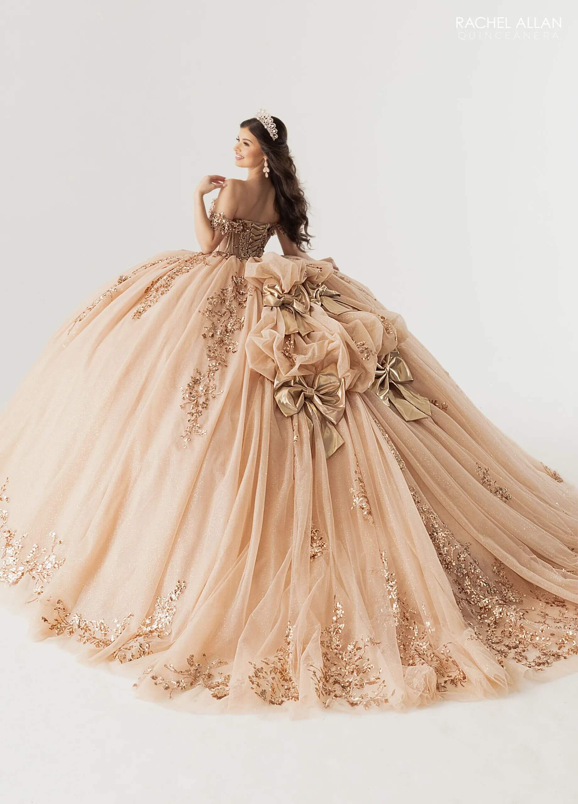 Rose Gold Off the Shoulder Floor Length Glitter Tulle Quinceanera Ball Gown Rachel Allan RQ3178