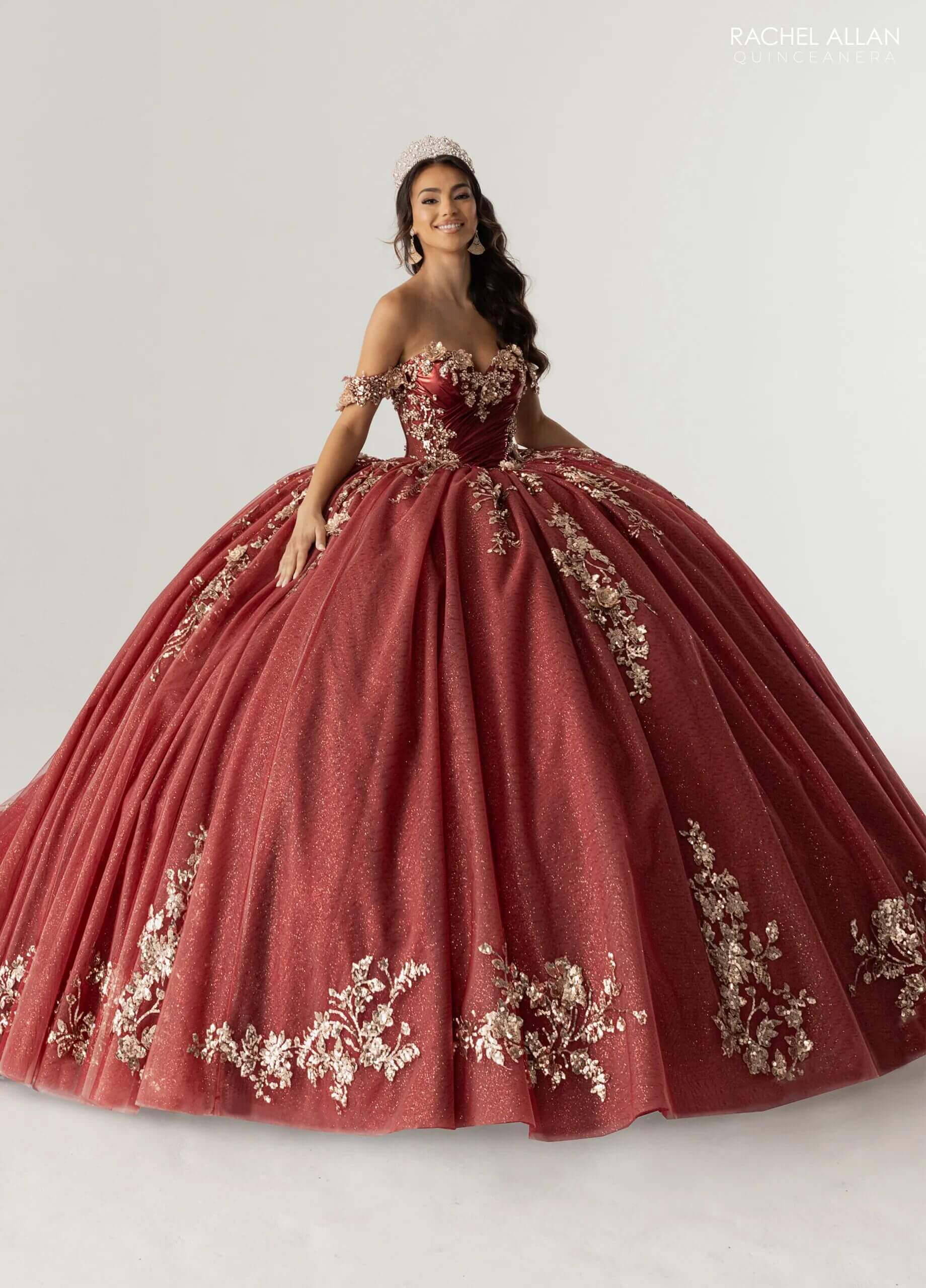 Wine Gold Off the Shoulder Floor Length Glitter Tulle Quinceanera Ball Gown Rachel Allan RQ3178