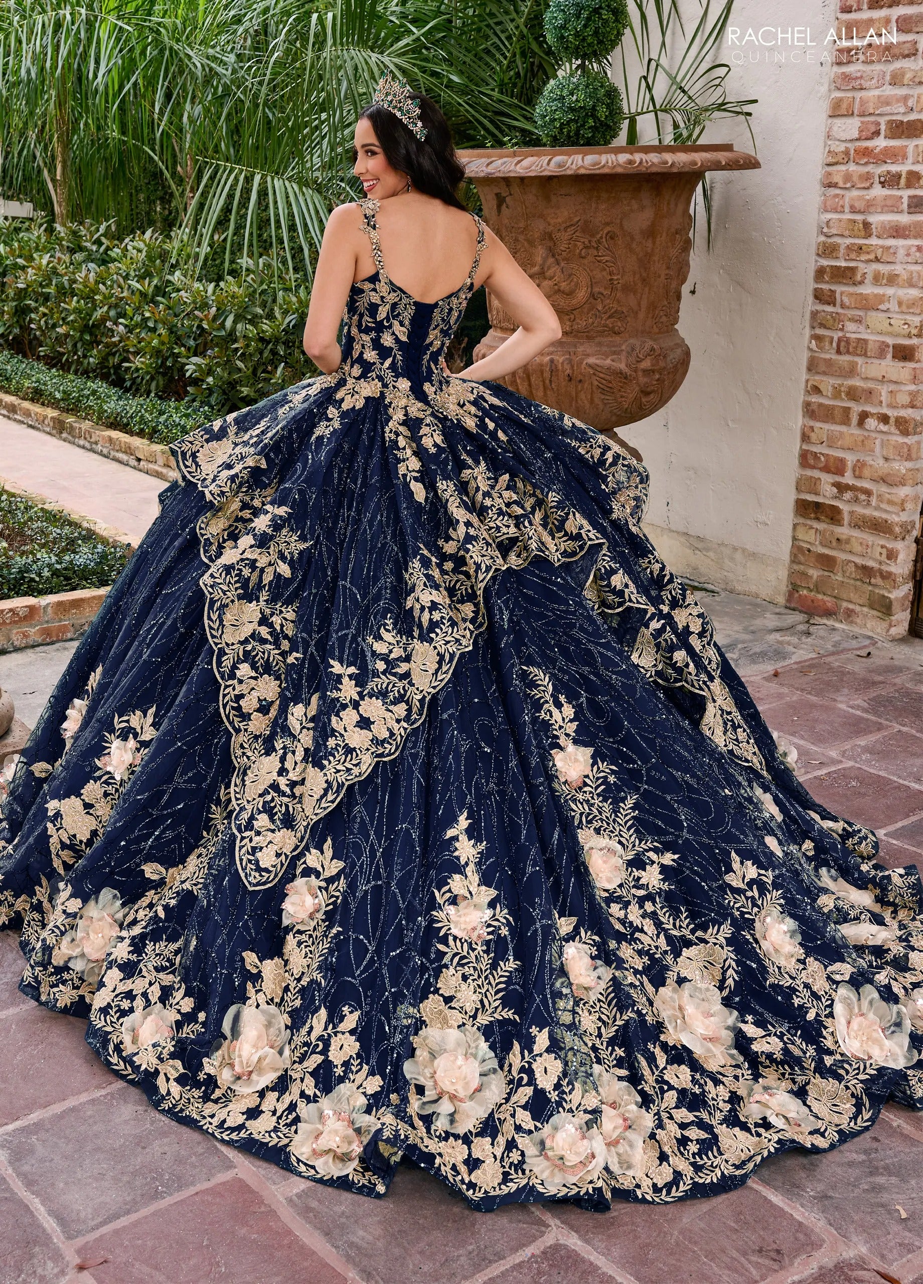 Navy Gold V Neck Floor Length Glitter Tulle Quinceanera Ball Gown with 3D Floral Applique Rachel Allan RQ3140
