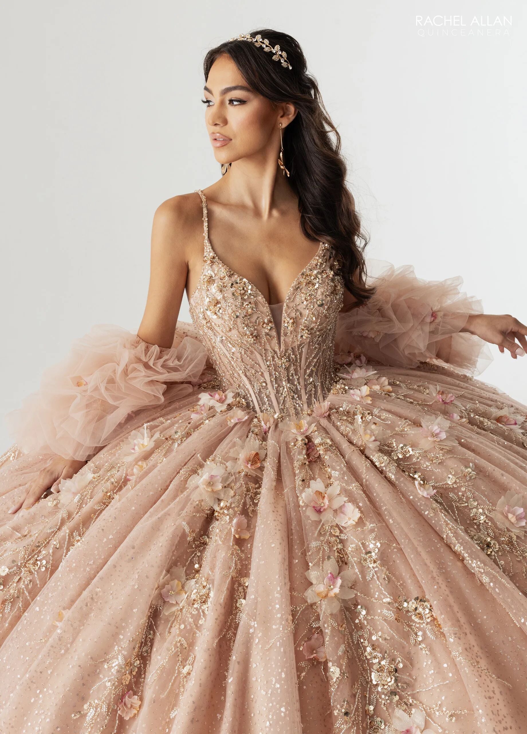 Nude Rose Gold Sweetheart Glitter Tulle Quinceañera Train Rachel Allan RQ3170