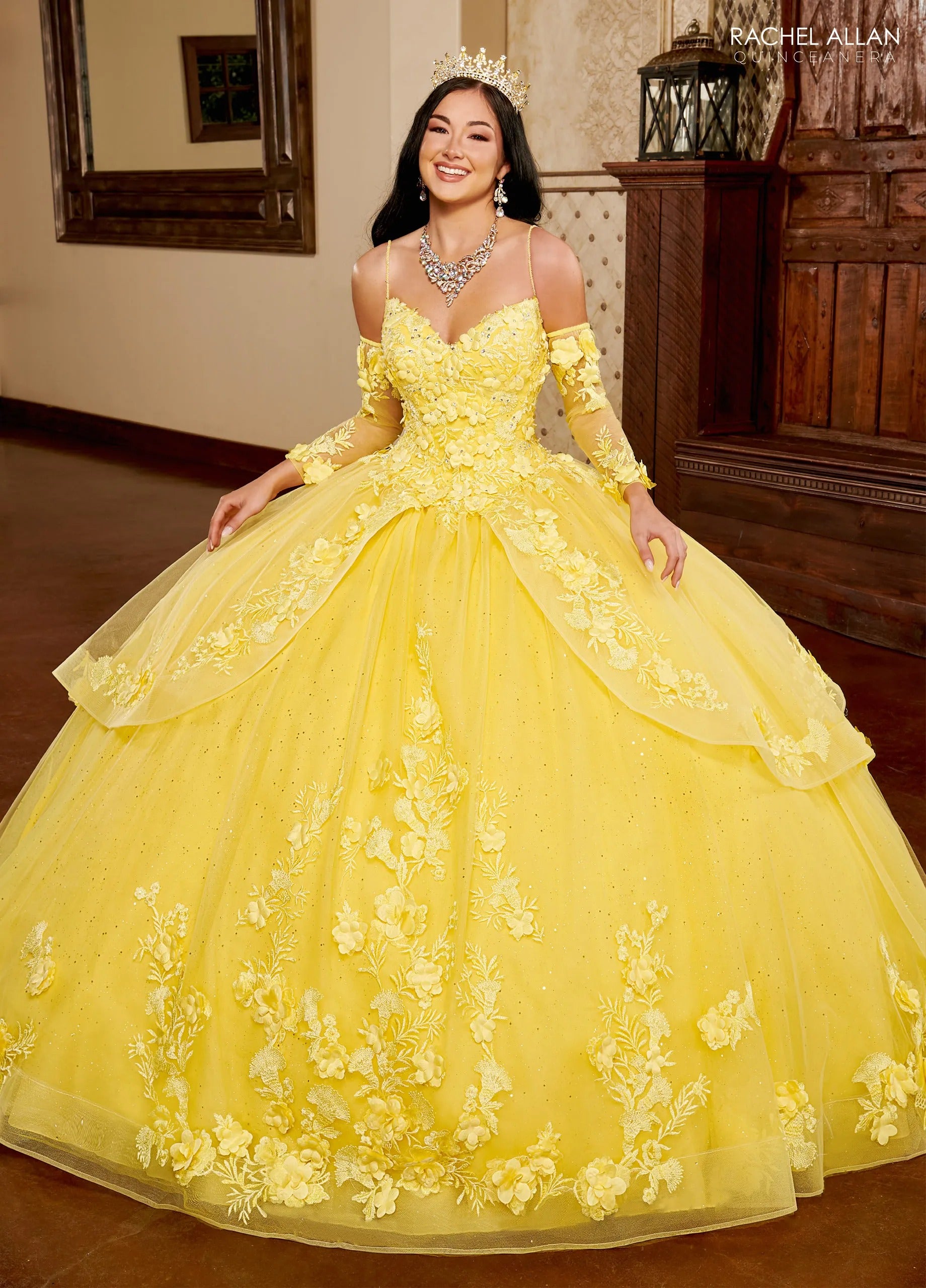 Yellow Sweetheart Floor Length Glitter Tulle Quinceanera Ball Gown with 3D Floral Appliques Rachel Allan MQ3098