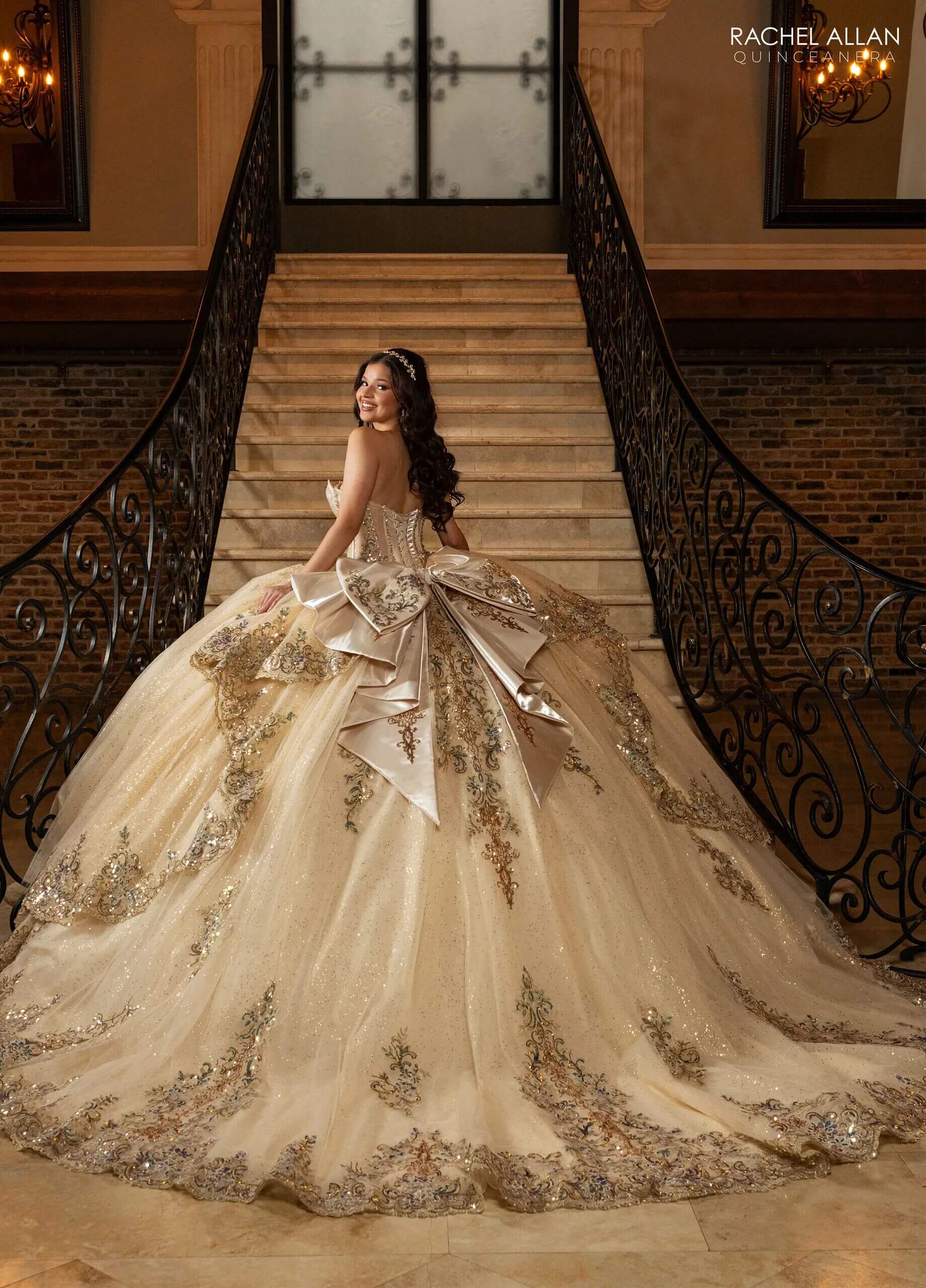 Champagne Gold Strapless Floor-Length Glitter Tulle Quinceañera Gown with Detachable Train and Bow Rachel Allan RQ3172