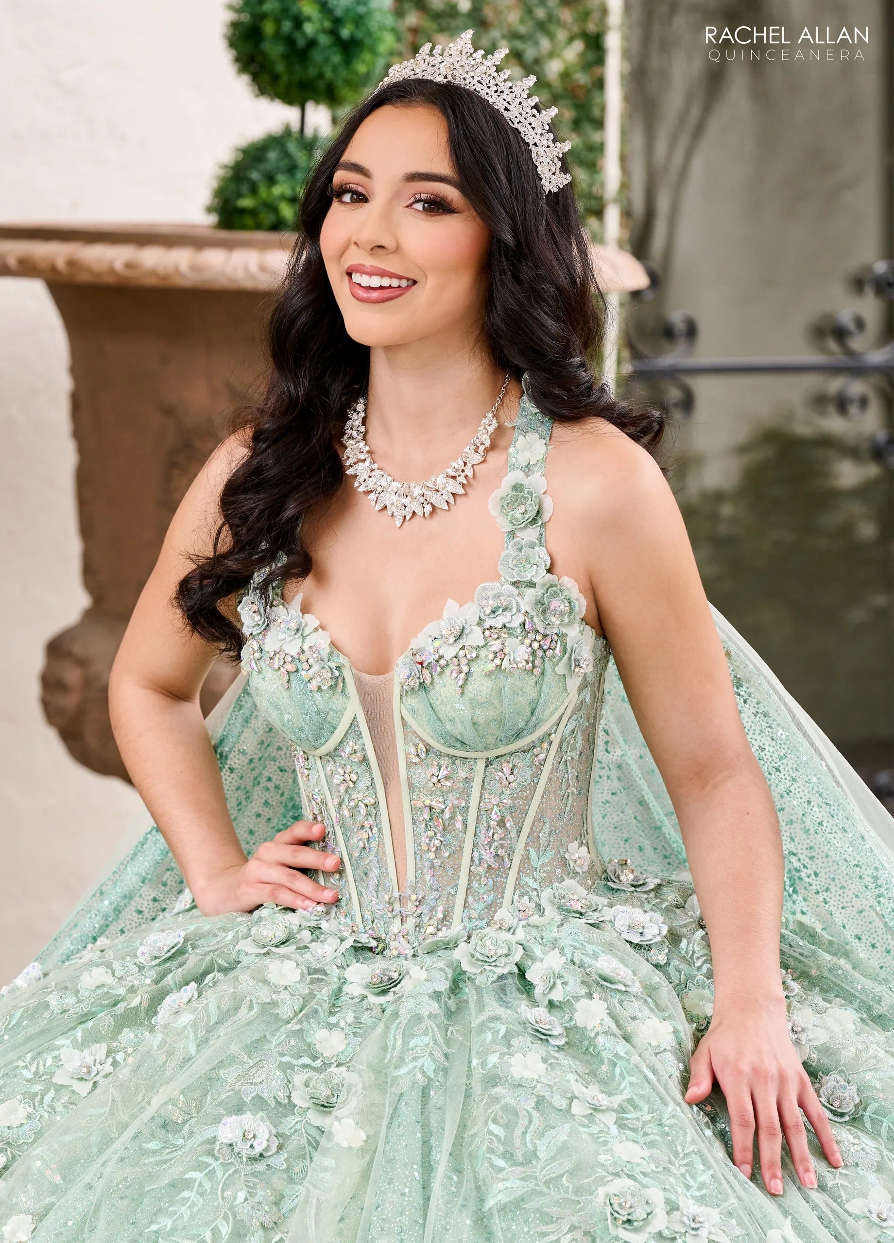 Sage Sweetheart Floor Length Sequin Tulle Quinceanera Ball Gown with Floral Applique Rachel Allan RQ3135