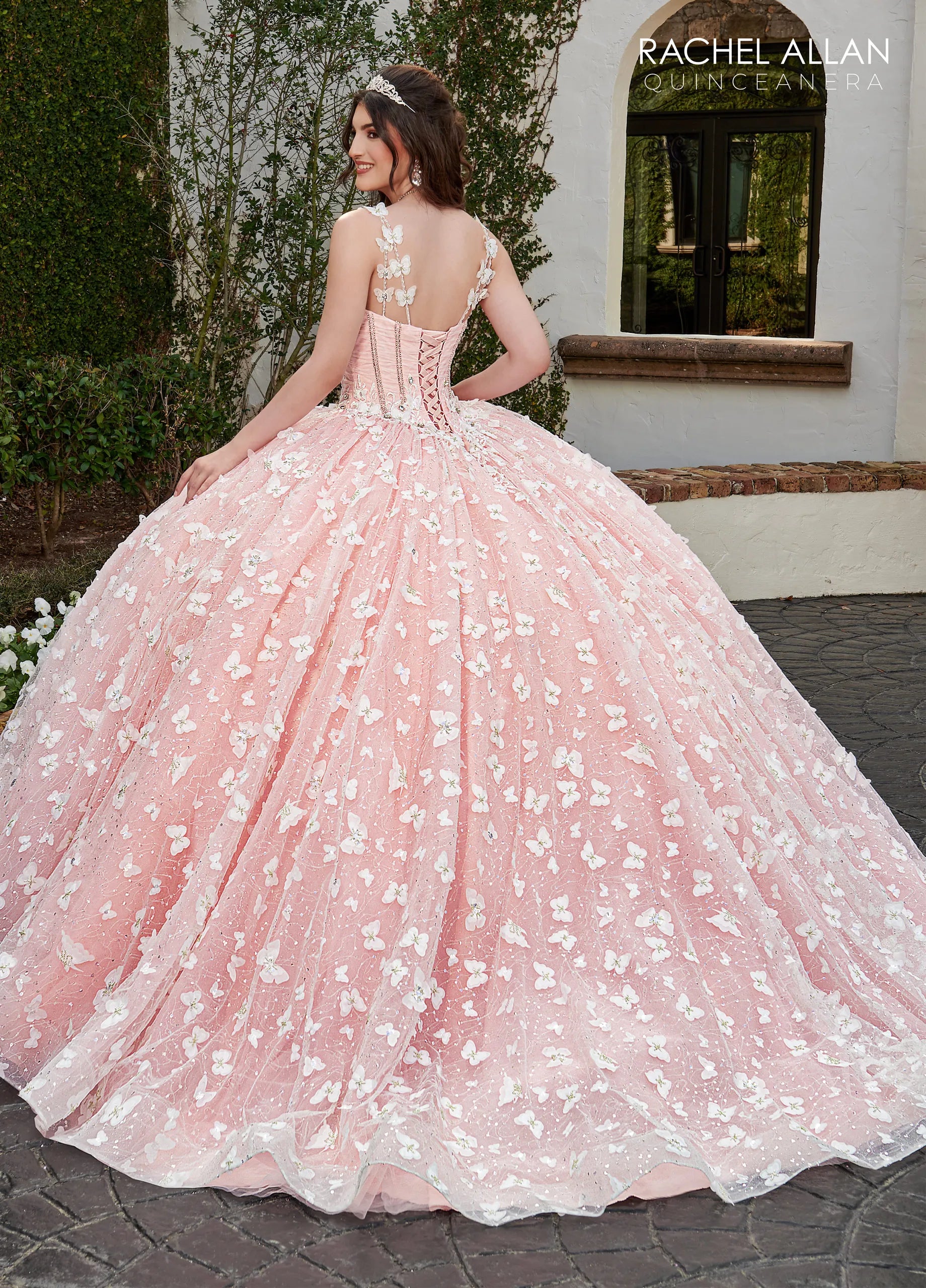 Pink Scoop Floor Length Tulle Quinceanera Ball Gown with 3D Butterfly Appliques Rachel Allan RQ3112