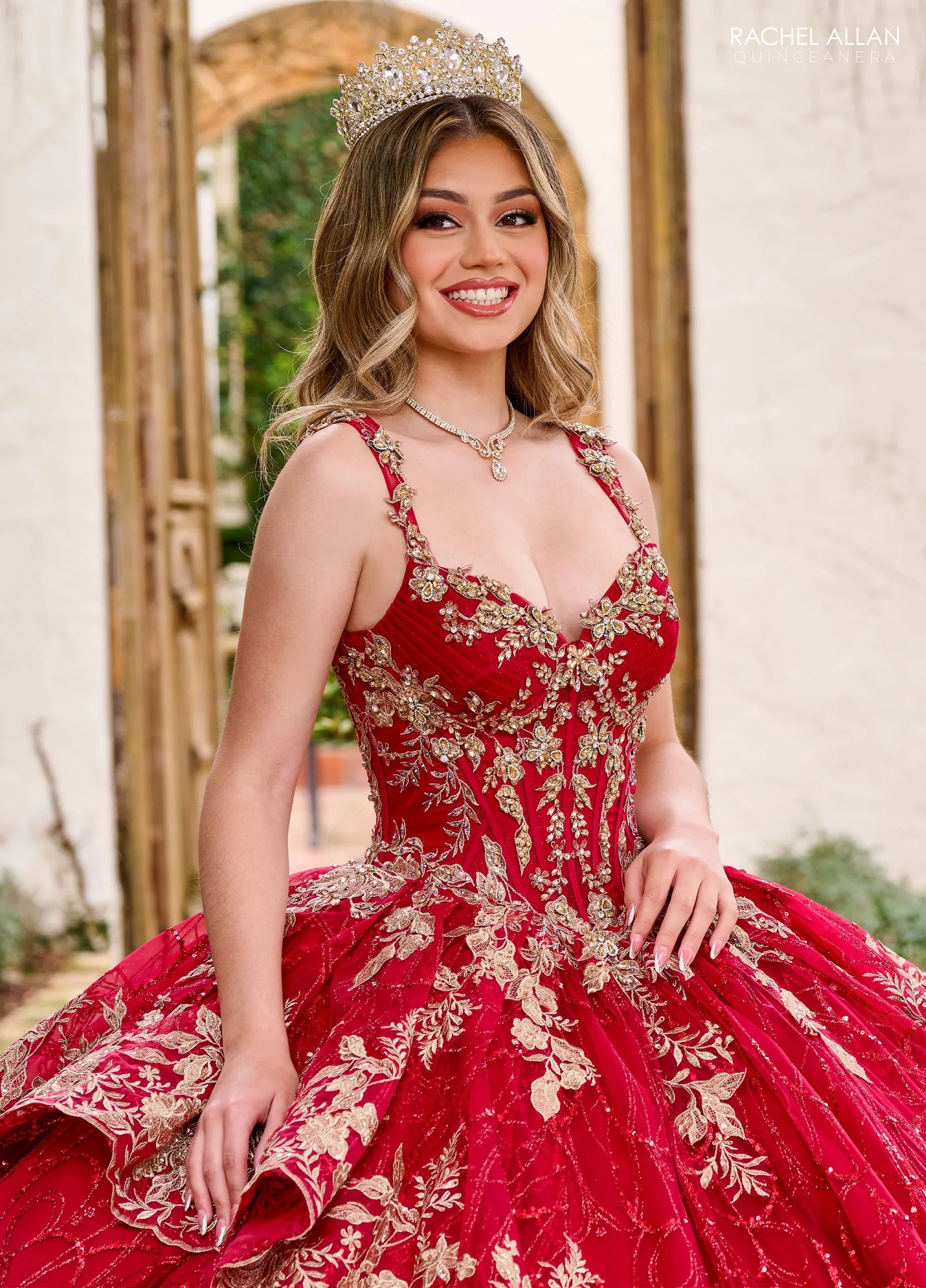 Burgundy Gold V Neck Floor Length Glitter Tulle Quinceanera Ball Gown with 3D Floral Applique Rachel Allan RQ3140