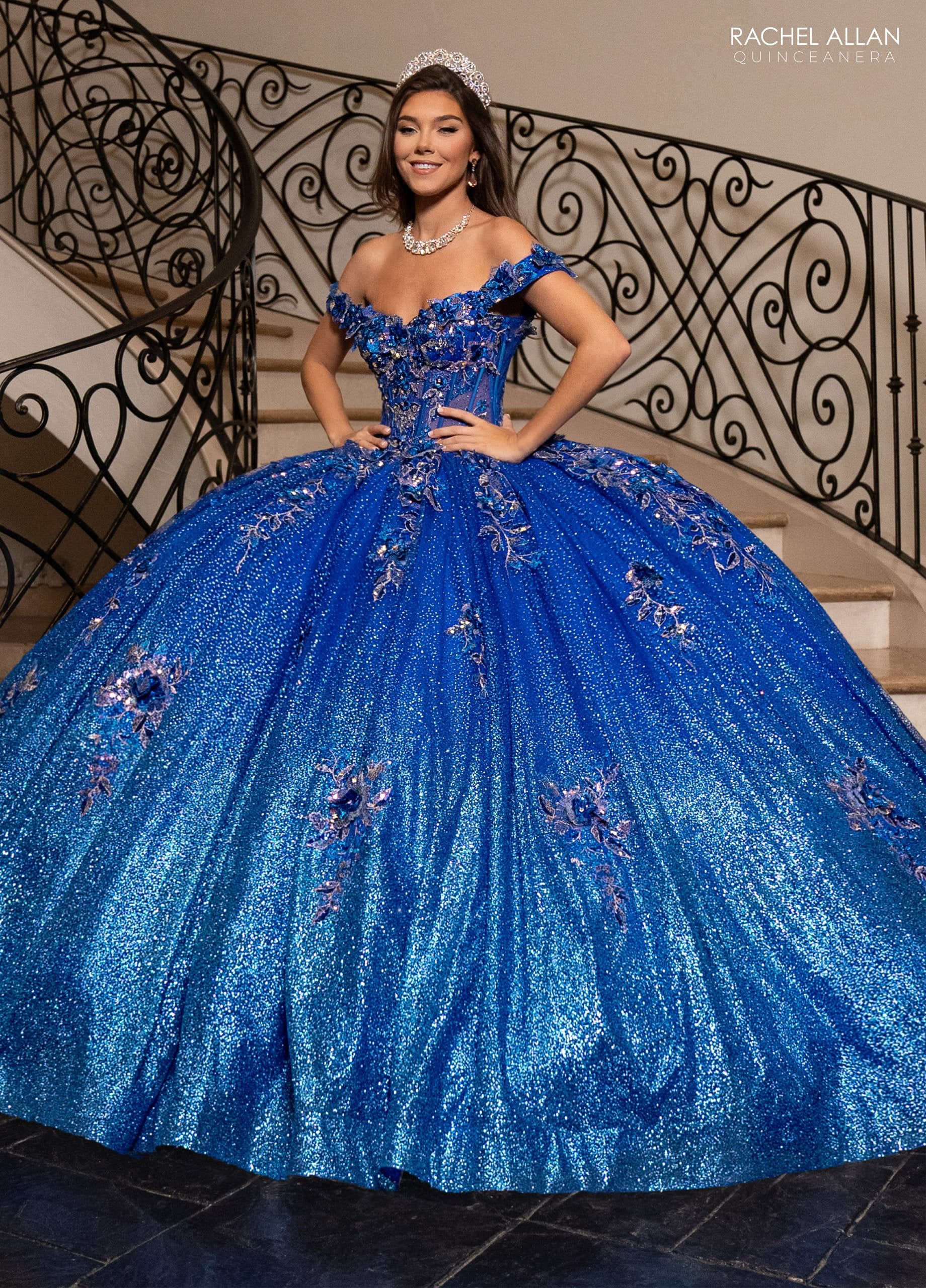 Quinceniera Dresses Long Glitter Sweet 16 Floral Quinceanera Dress Royal