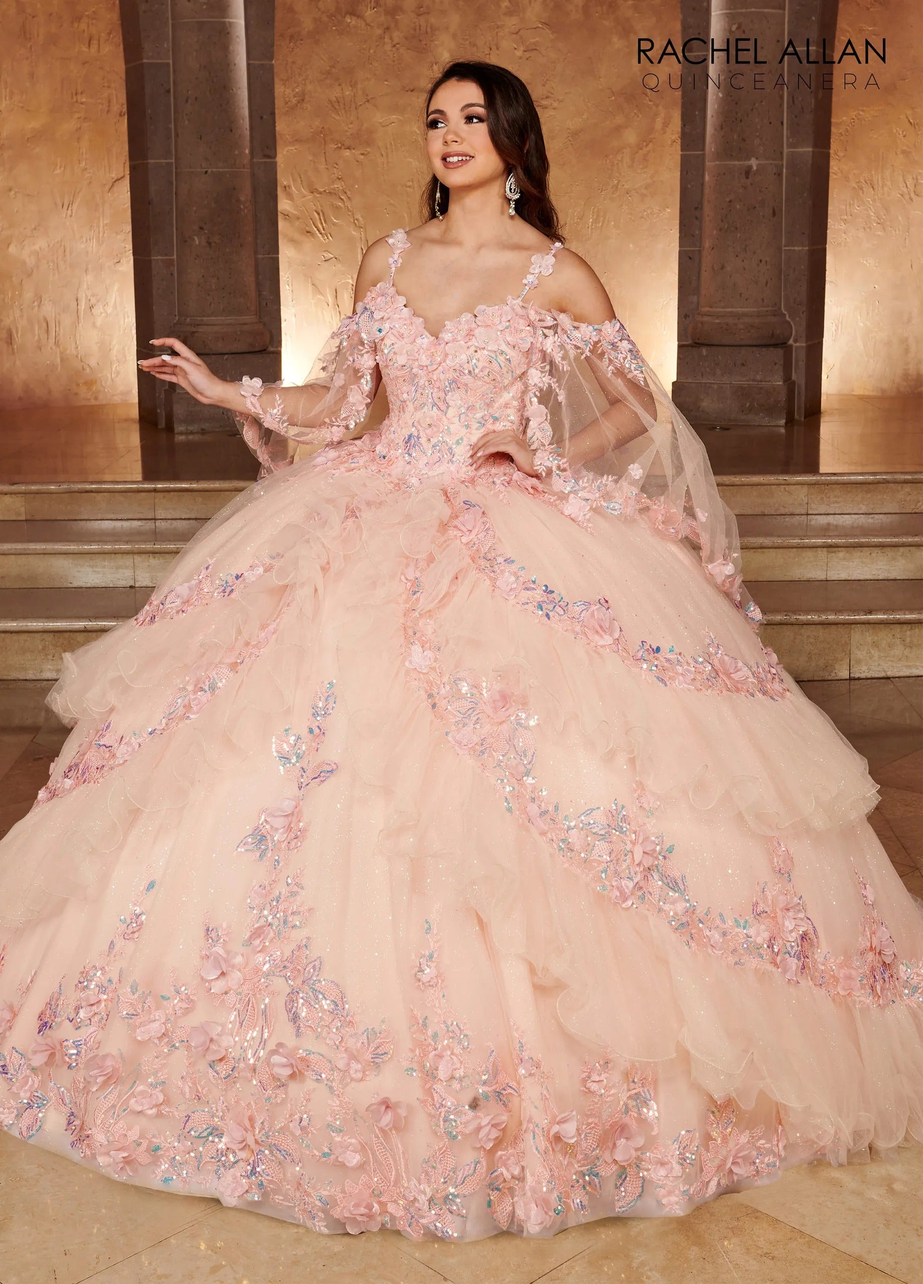 Blush Sweetheart Floor Length Glitter Tulle Quinceanera Ball Gown with Tiered Ruffle Skirt Rachel Allan RQ3103