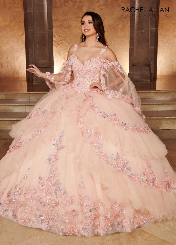 Sweetheart Floor Length Glitter Tulle Quinceanera Ball Gown with Tiered Ruffle Skirt Rachel Allan RQ3103
