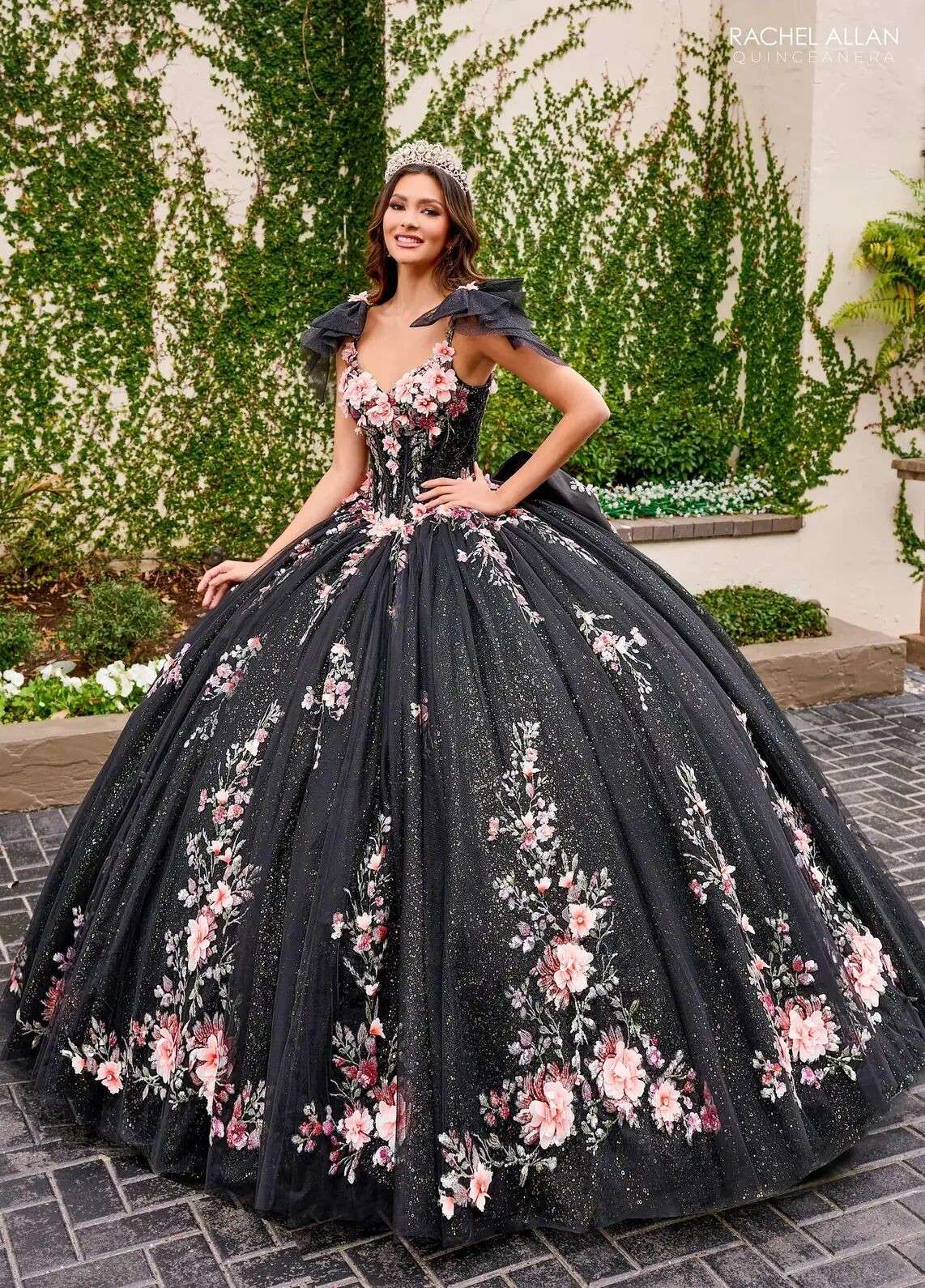 Black Multi Sweetheart Floor Length Tulle Quinceanera Ball Gown with Floral Applique Rachel Allan RQ3132