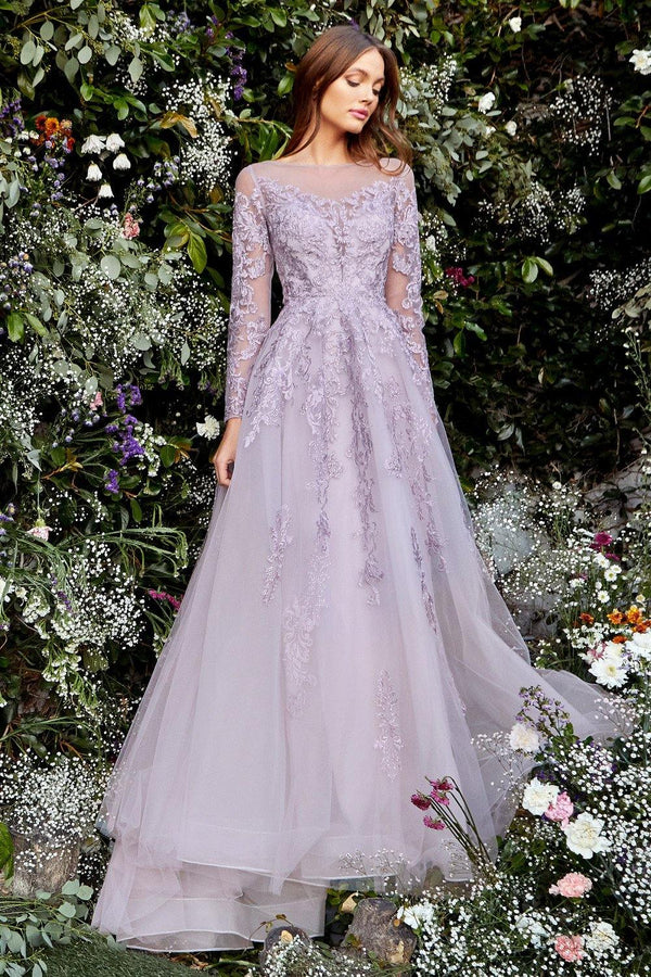 lavender long sleeve dress Andrea & Leo A1024 Long Sleeve Formal Modest Long Dress
