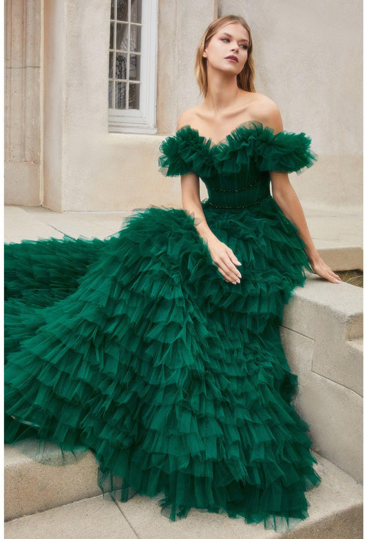 Andrea & Leo A1032 Ruffle Tulle Prom Dress Emerald