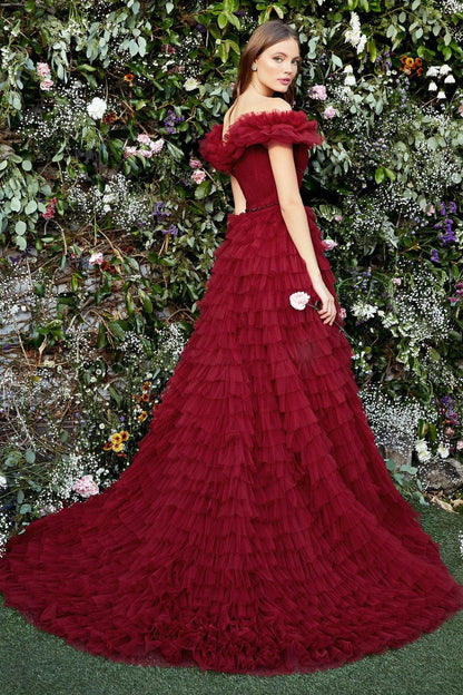 Andrea & Leo A1032 Ruffle Tulle Prom Dress Burgundy